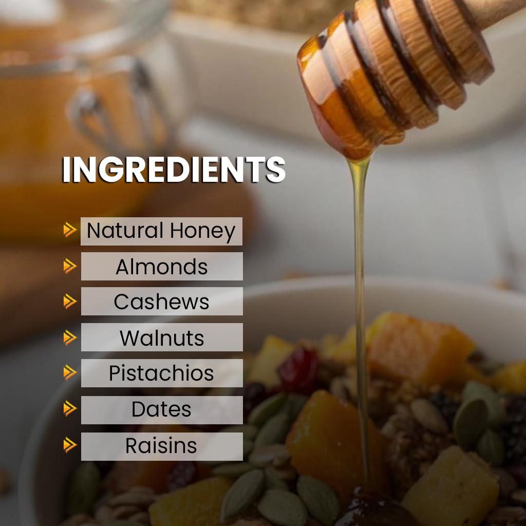 MARLSiGN Honey Soaked Dryfruits and Nuts | Natural Honey | Cashews | Almonds | Pistachios | Walnuts | Raisins | Fig | Healthy Snacks | Nutritious Super Food Mix | Natural Antioxidants | Premium Dryfruits & Nuts | Pure & Organic Farmmade Honey (350g)