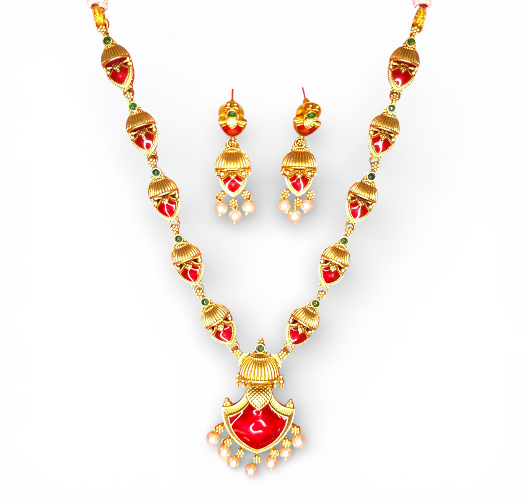 Antique Temple Gold-Plated Necklace Set with Earing Red & Green