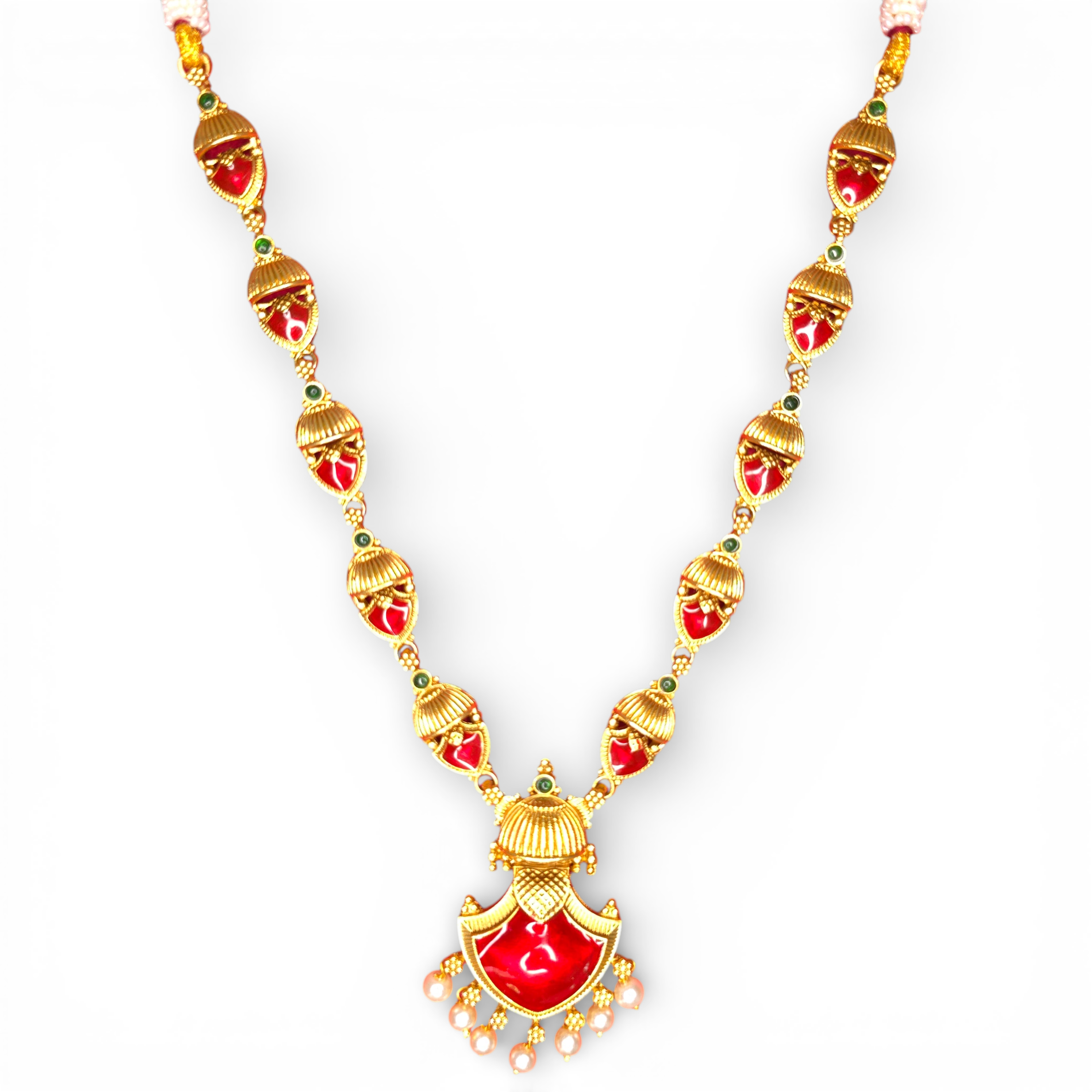 Antique Temple Gold-Plated Necklace Set with Earing Red & Green