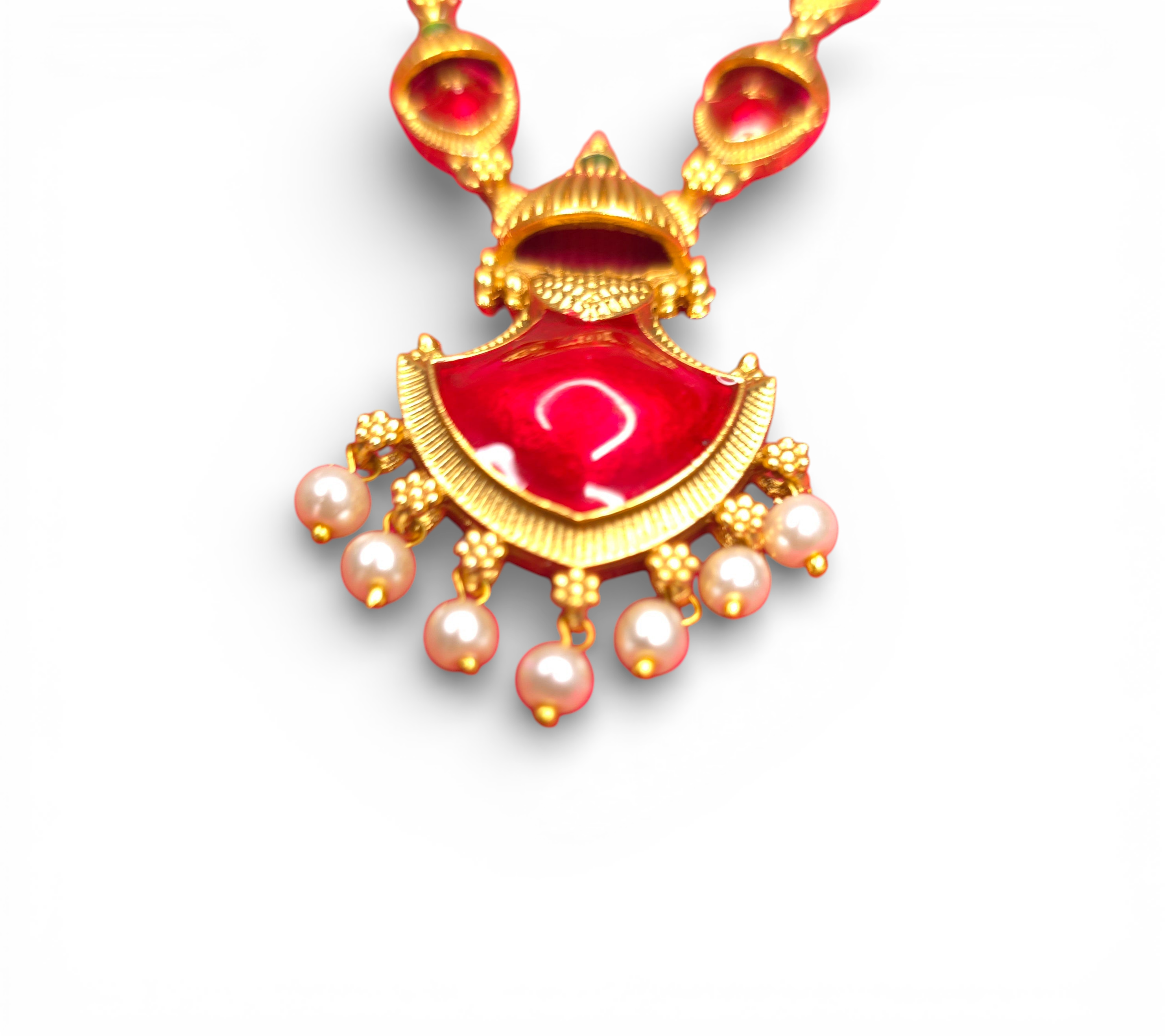 Antique Temple Gold-Plated Necklace Set with Earing Red & Green