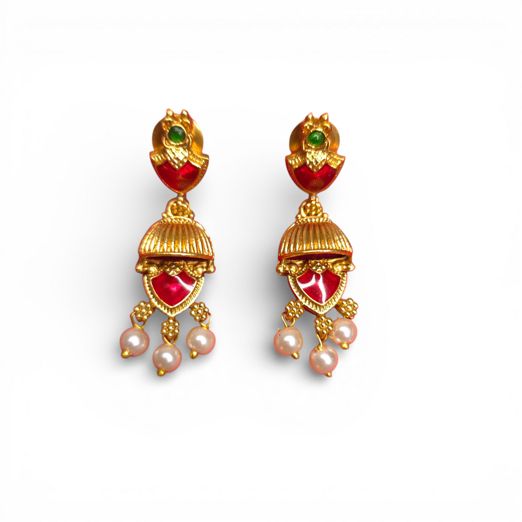 Antique Temple Gold-Plated Necklace Set with Earing Red & Green