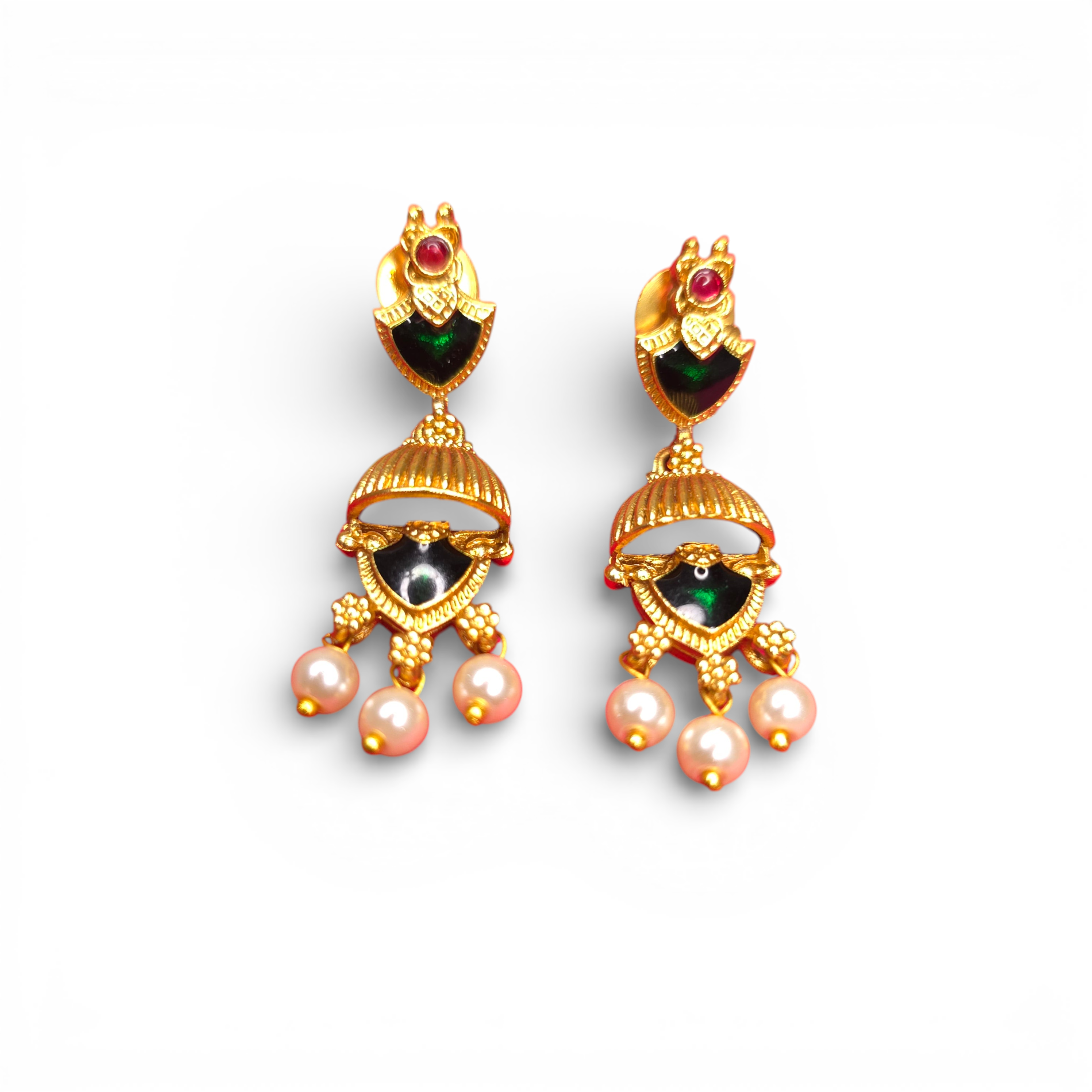 Antique Temple Gold-Plated Necklace Set with Earing Red & Green