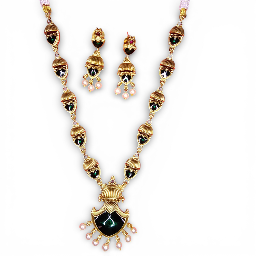 Antique Temple Gold-Plated Necklace Set with Earing Red & Green