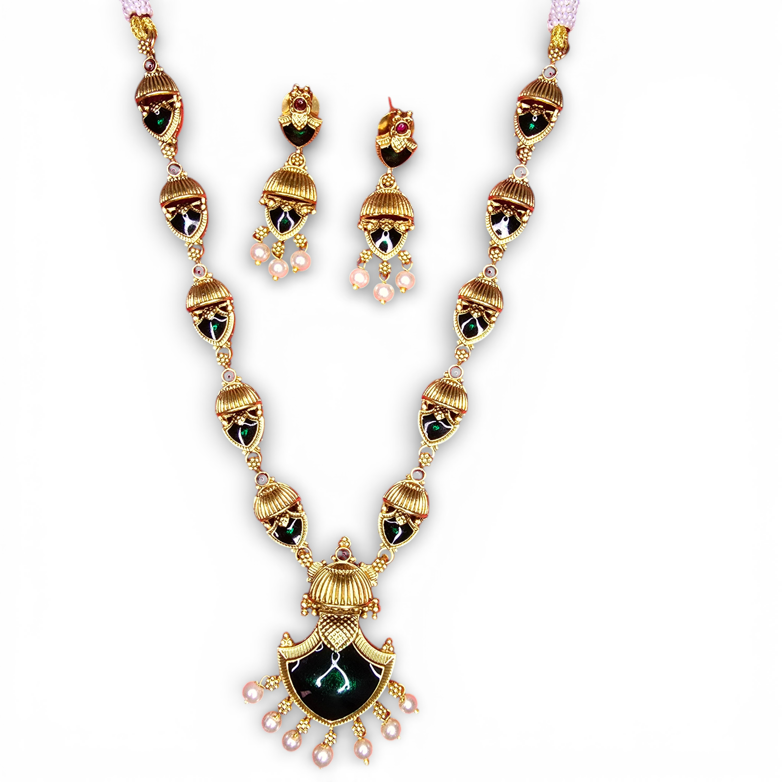 Antique Temple Gold-Plated Necklace Set with Earing Red & Green