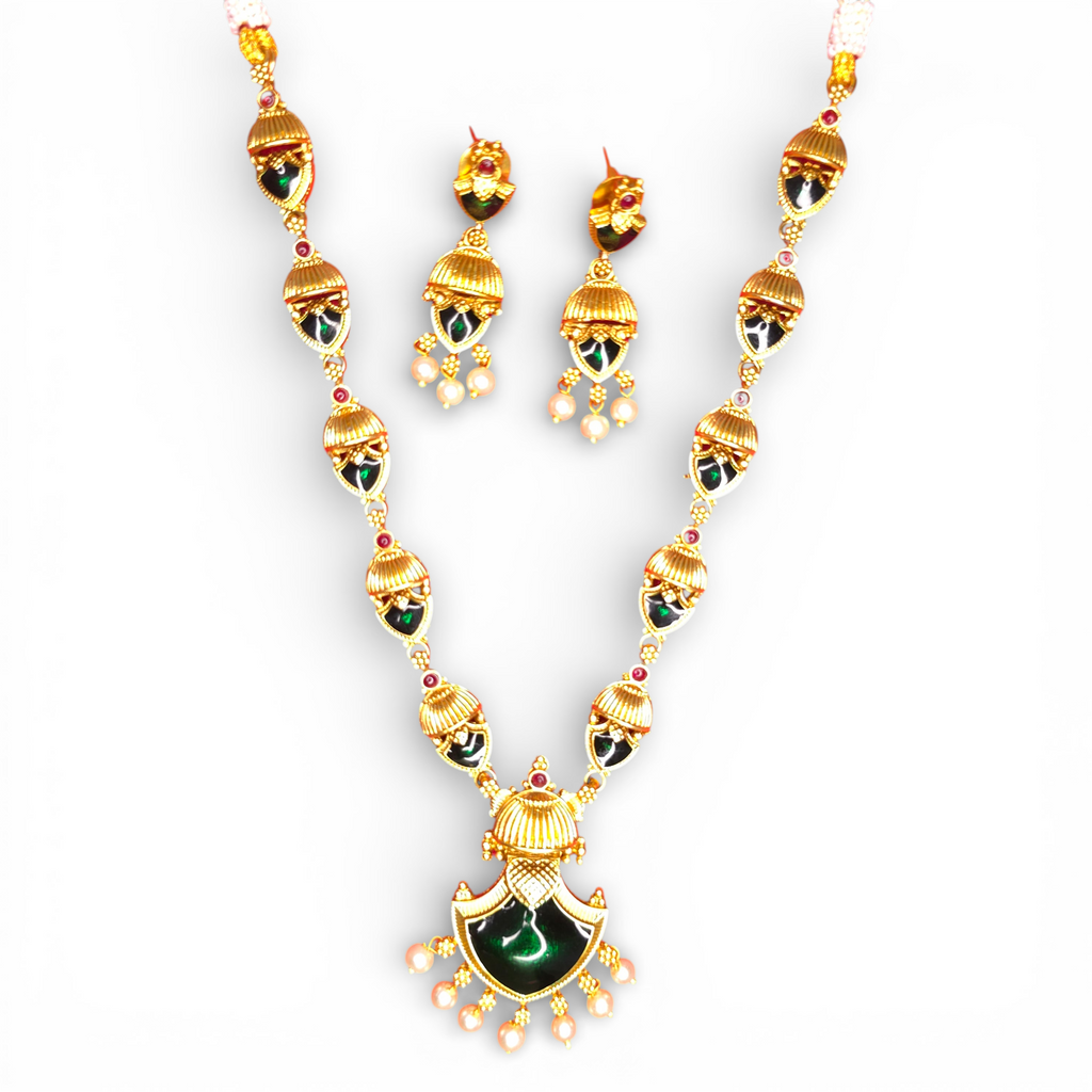 Antique Temple Gold-Plated Necklace Set with Earing Red & Green