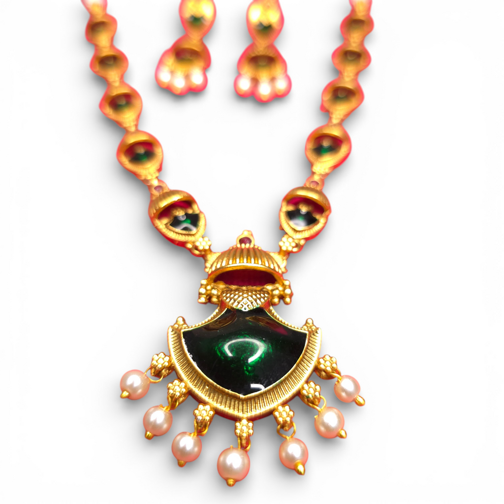 Antique Temple Gold-Plated Necklace Set with Earing Red & Green