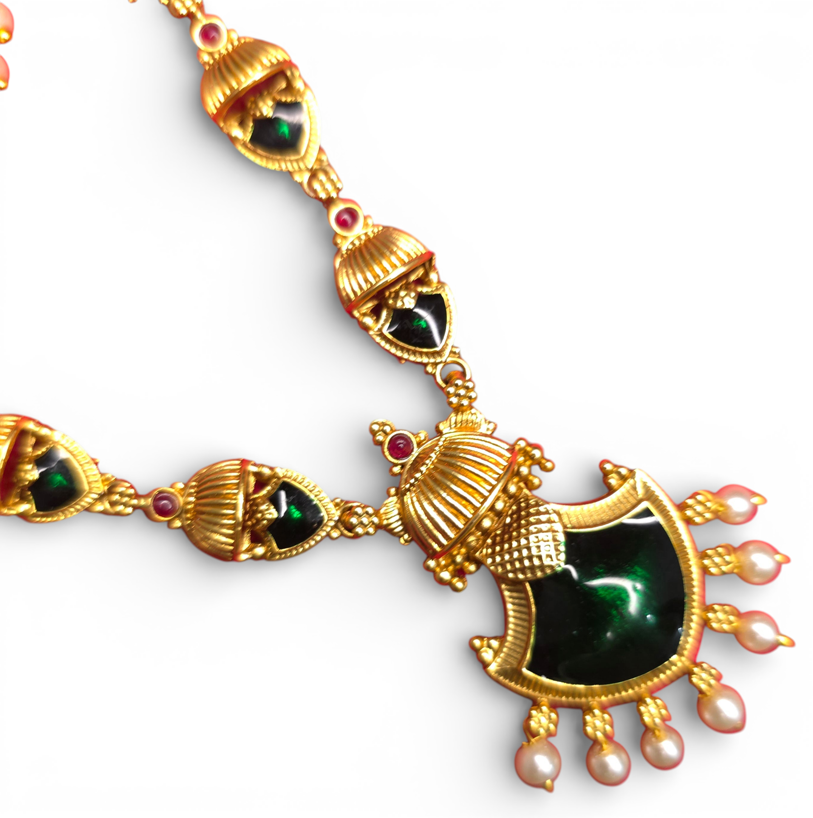 Antique Temple Gold-Plated Necklace Set with Earing Red & Green