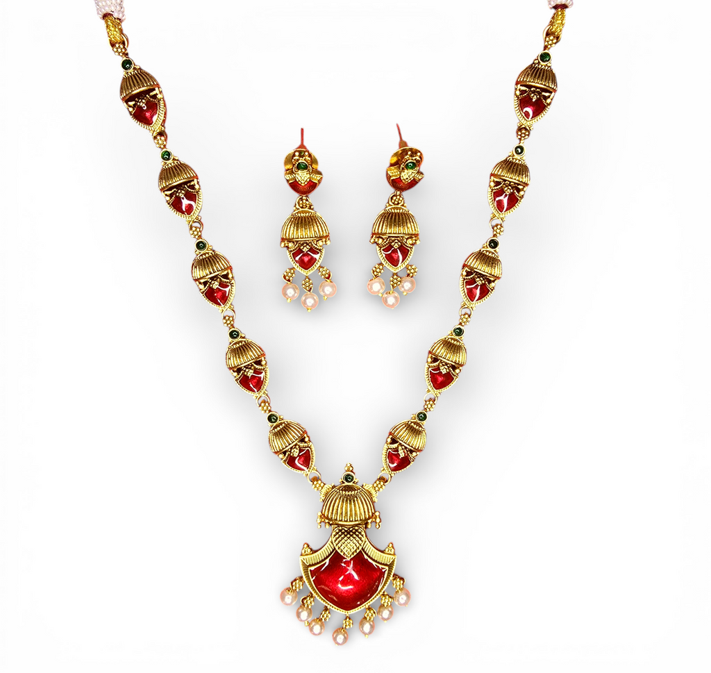 Antique Temple Gold-Plated Necklace Set with Earing Red & Green