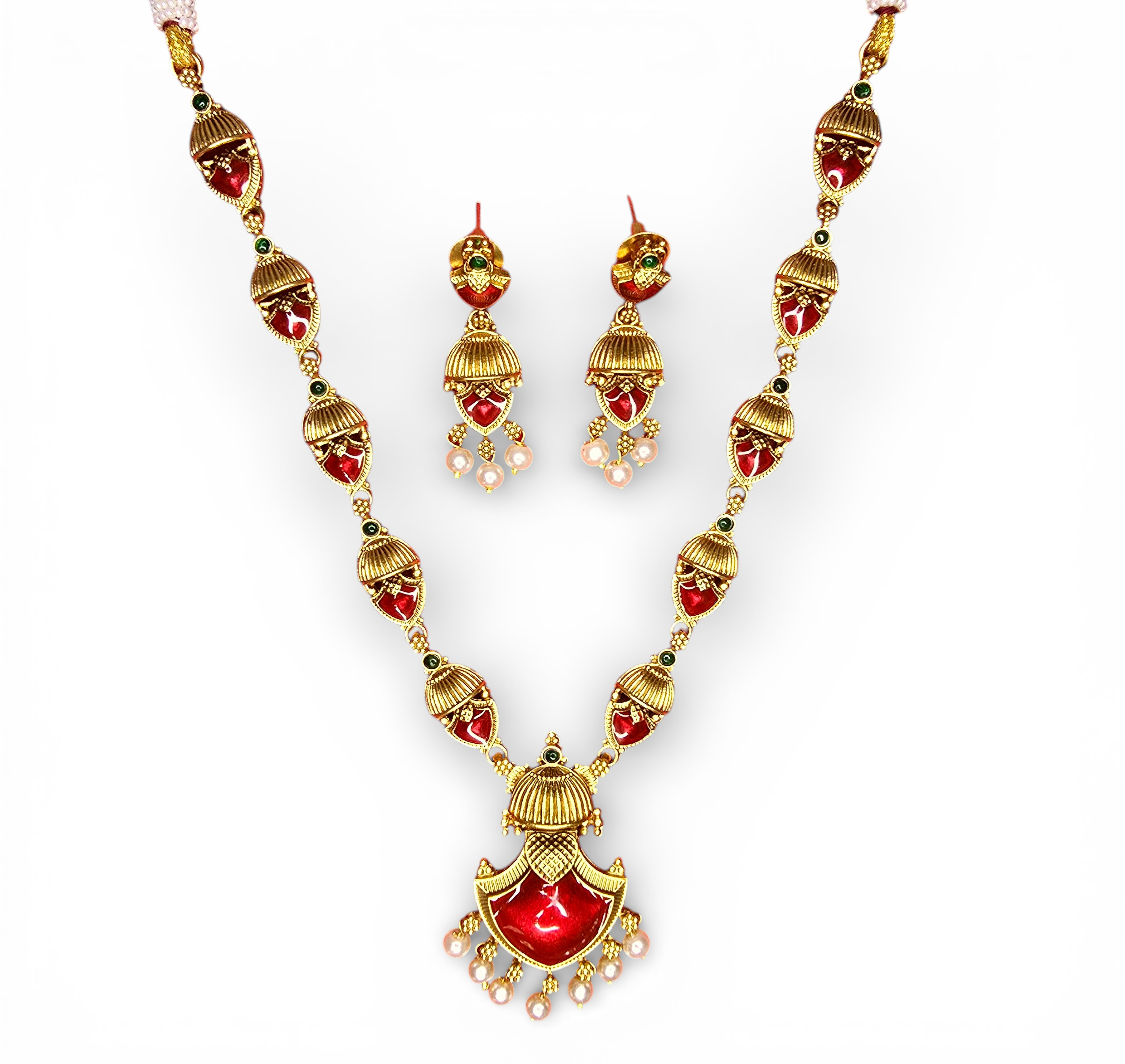 Antique Temple Gold-Plated Necklace Set with Earing Red & Green