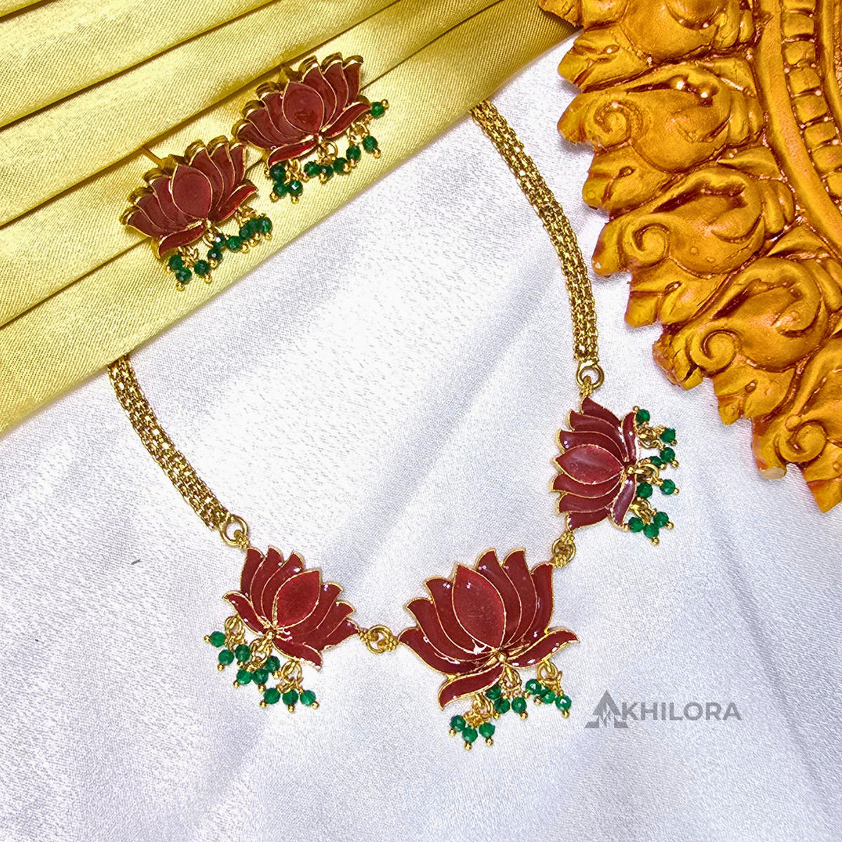 AK00013 - Elegant Meenakari Lotus Necklace & Earring Set