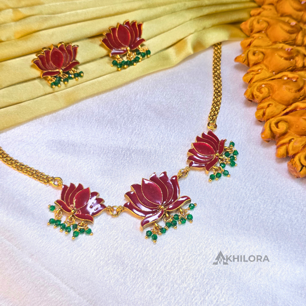 AK00013 - Elegant Meenakari Lotus Necklace & Earring Set