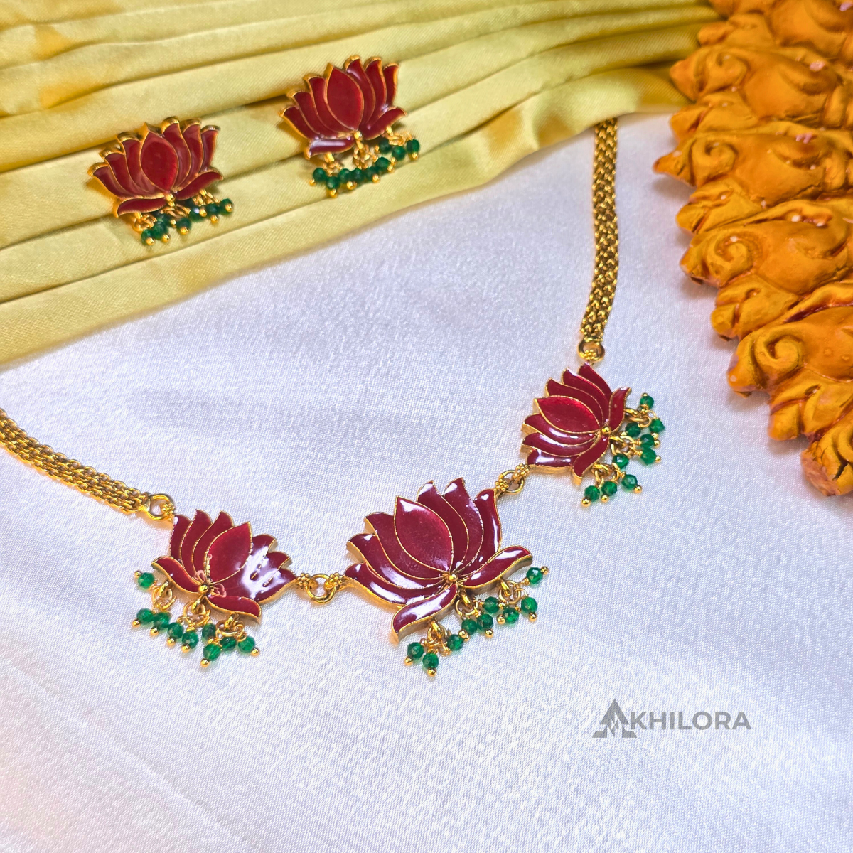 AK00013 - Elegant Meenakari Lotus Necklace & Earring Set