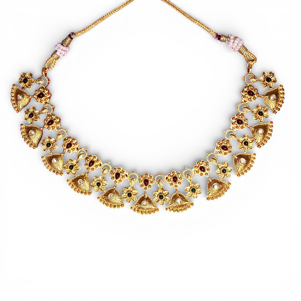 Antique Floral Temple Gold-Plated Necklace Set with Earing