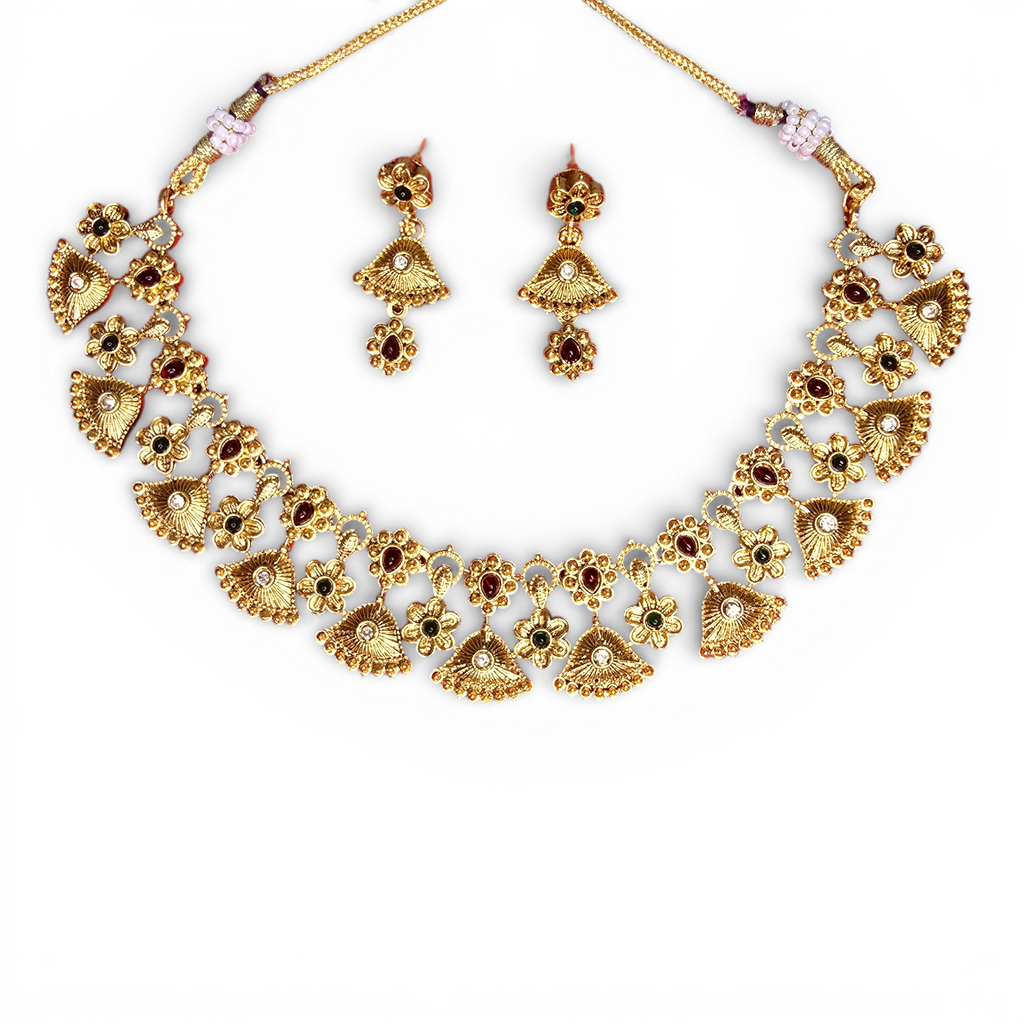 Antique Floral Temple Gold-Plated Necklace Set with Earing