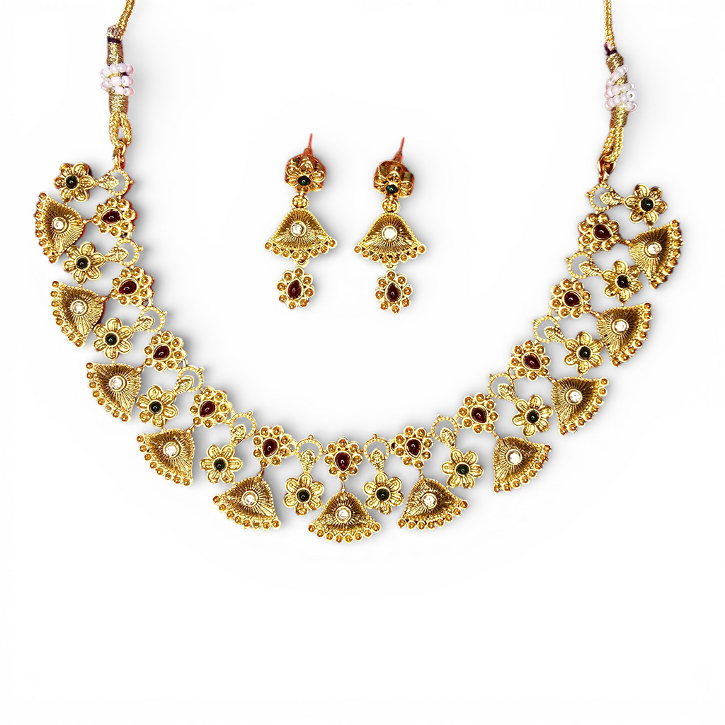Antique Floral Temple Gold-Plated Necklace Set with Earing