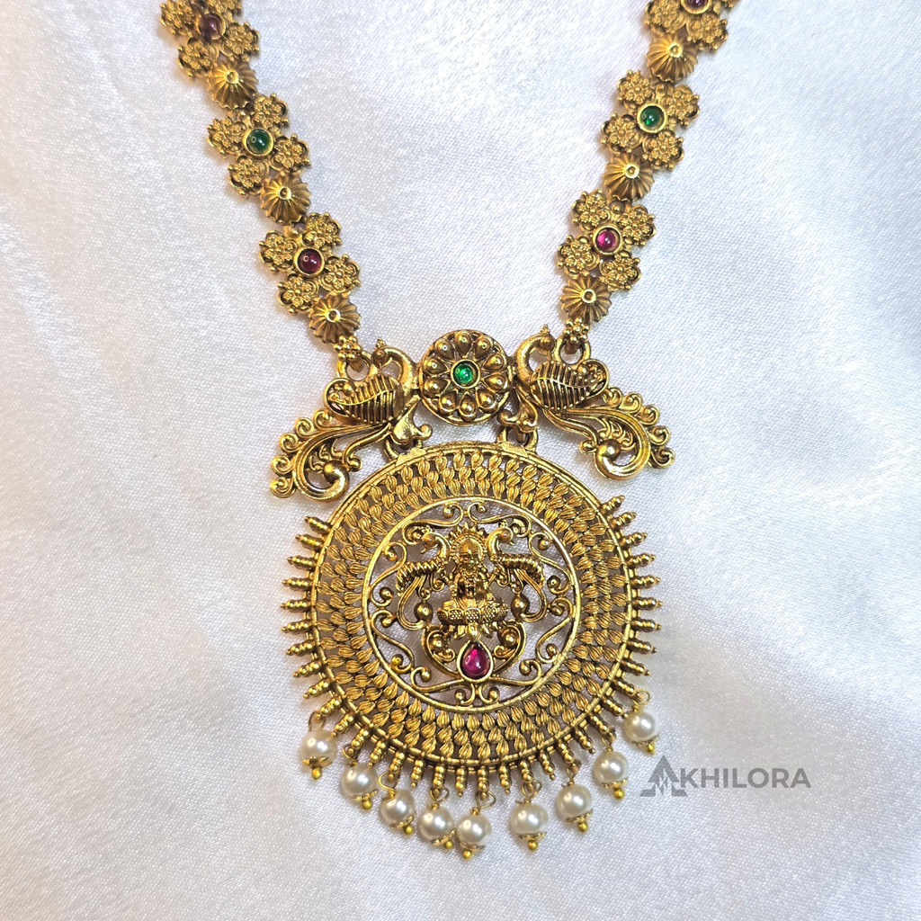 AK00015 - Antique Temple Jewelry Set | Lakshmi Long Haram & Jhumkas