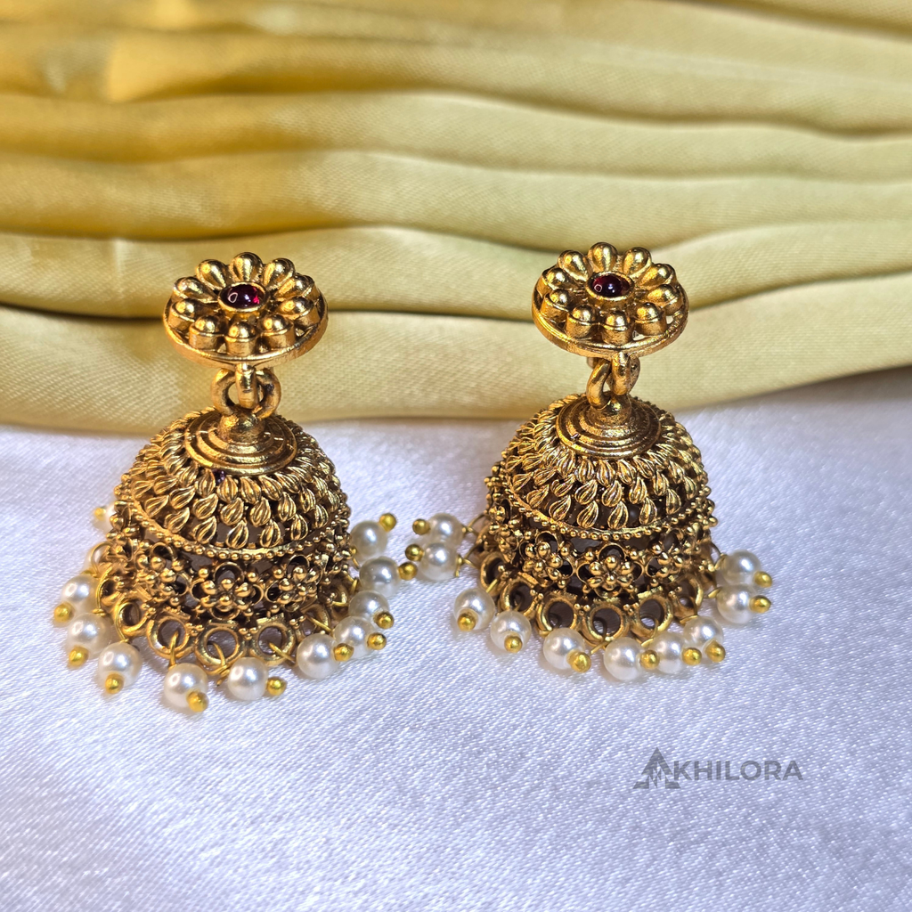 AK00015 - Antique Temple Jewelry Set | Lakshmi Long Haram & Jhumkas