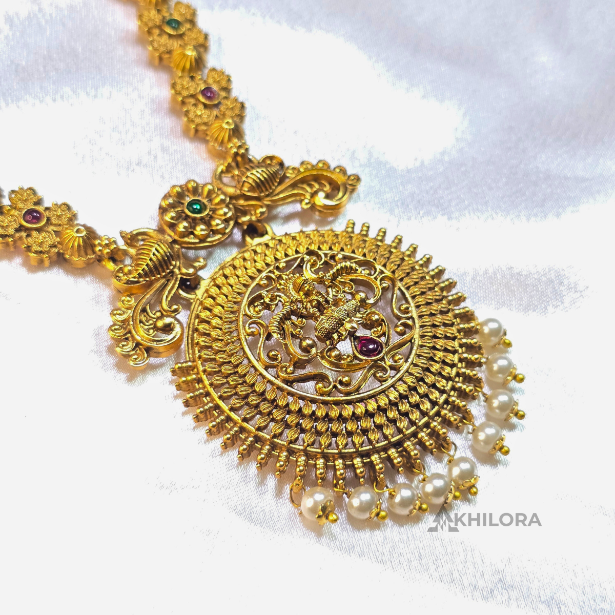AK00015 - Antique Temple Jewelry Set | Lakshmi Long Haram & Jhumkas