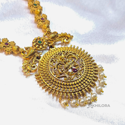 AK00015 - Antique Temple Jewelry Set | Lakshmi Long Haram & Jhumkas