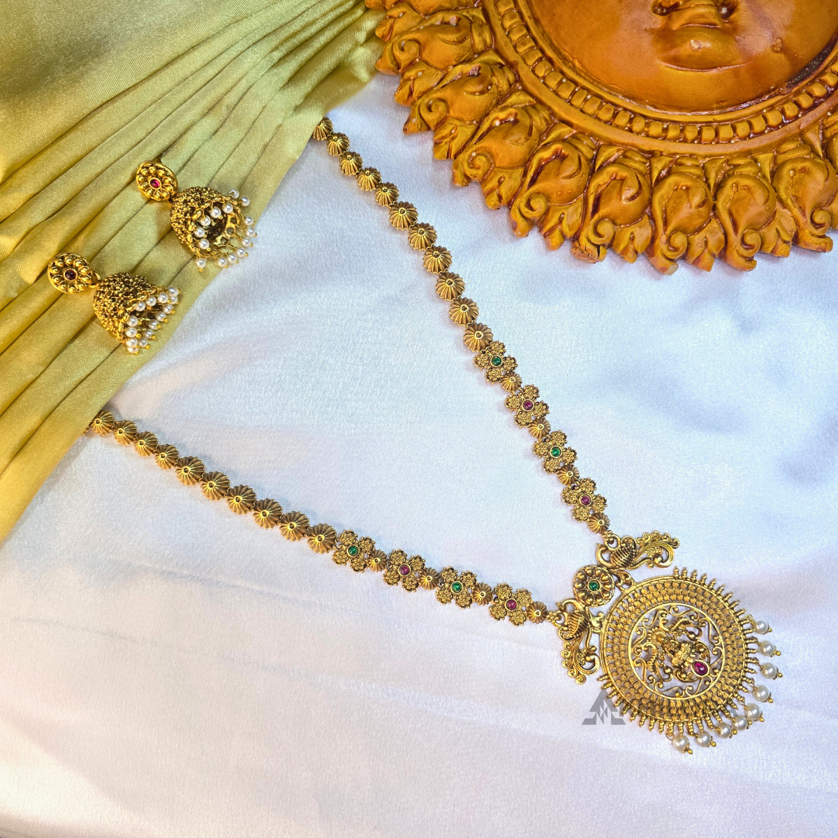 AK00015 - Antique Temple Jewelry Set | Lakshmi Long Haram & Jhumkas