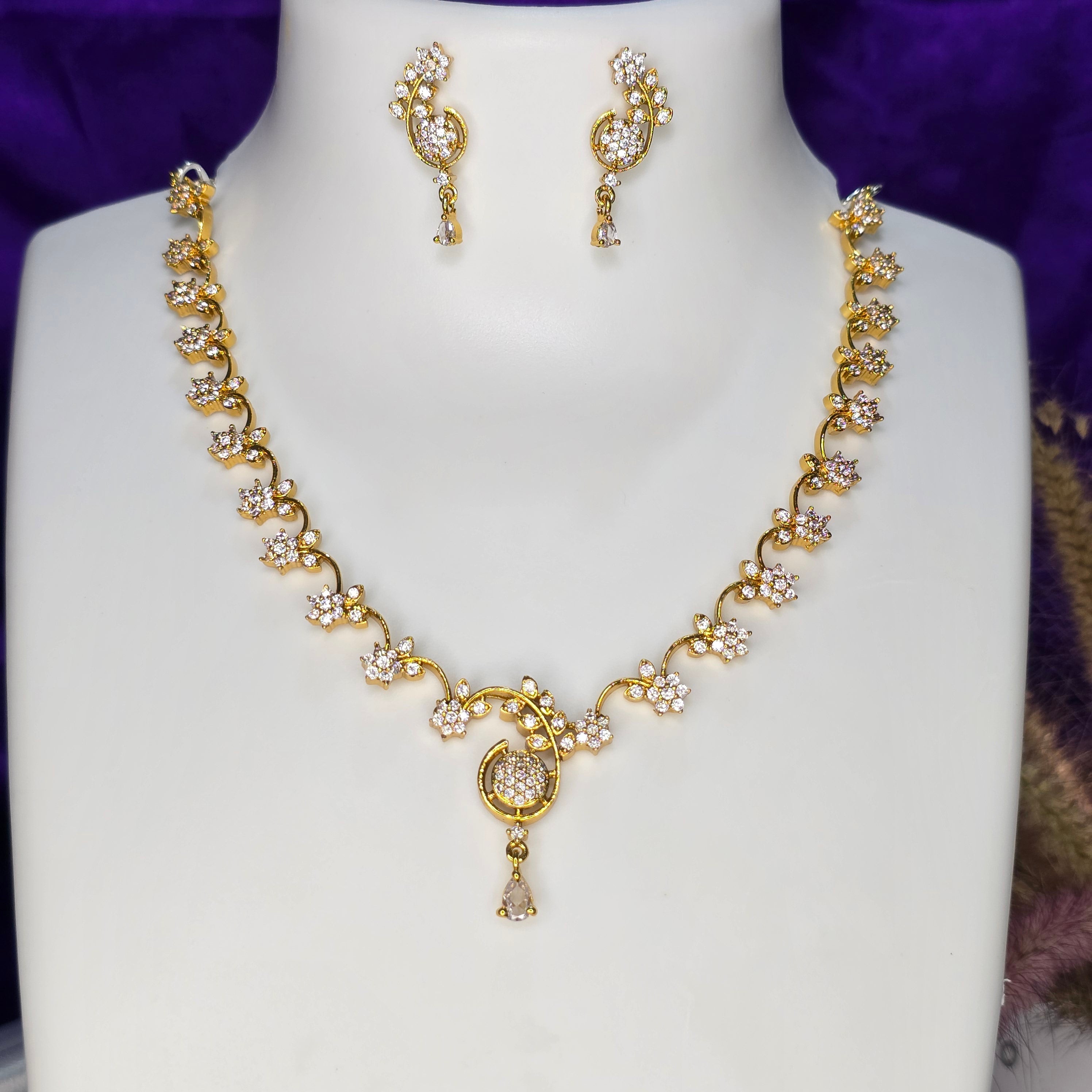 AK00208 - Elegant Floral American Diamond Necklace Set with Drop Earrings