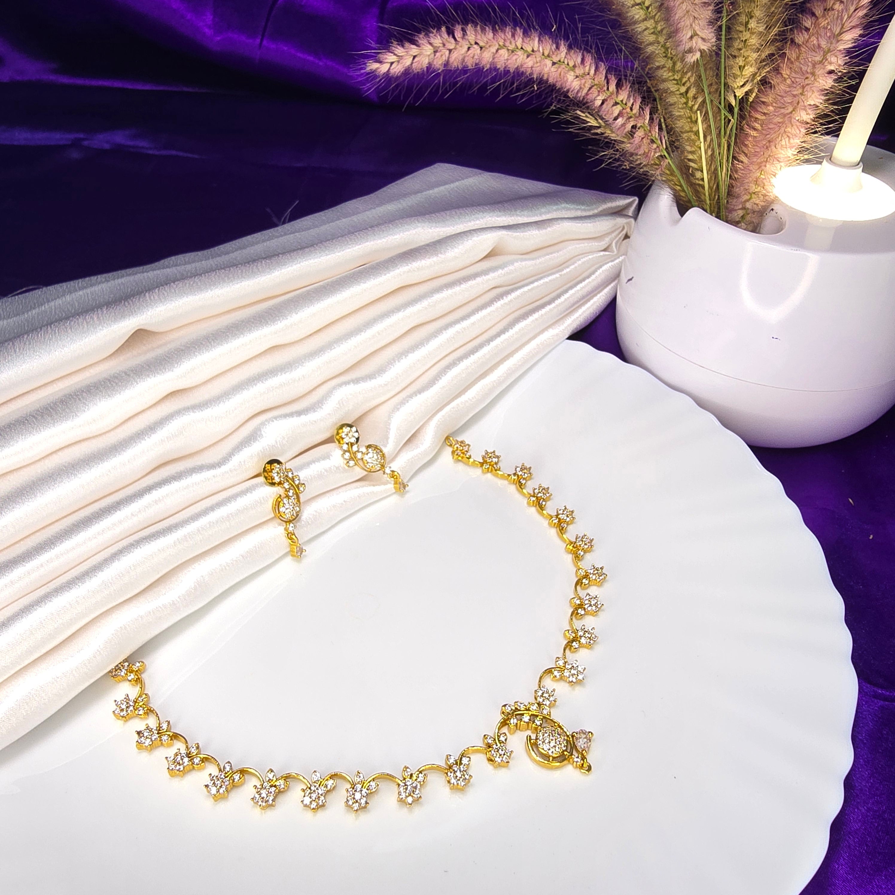 AK00208 - Elegant Floral American Diamond Necklace Set with Drop Earrings