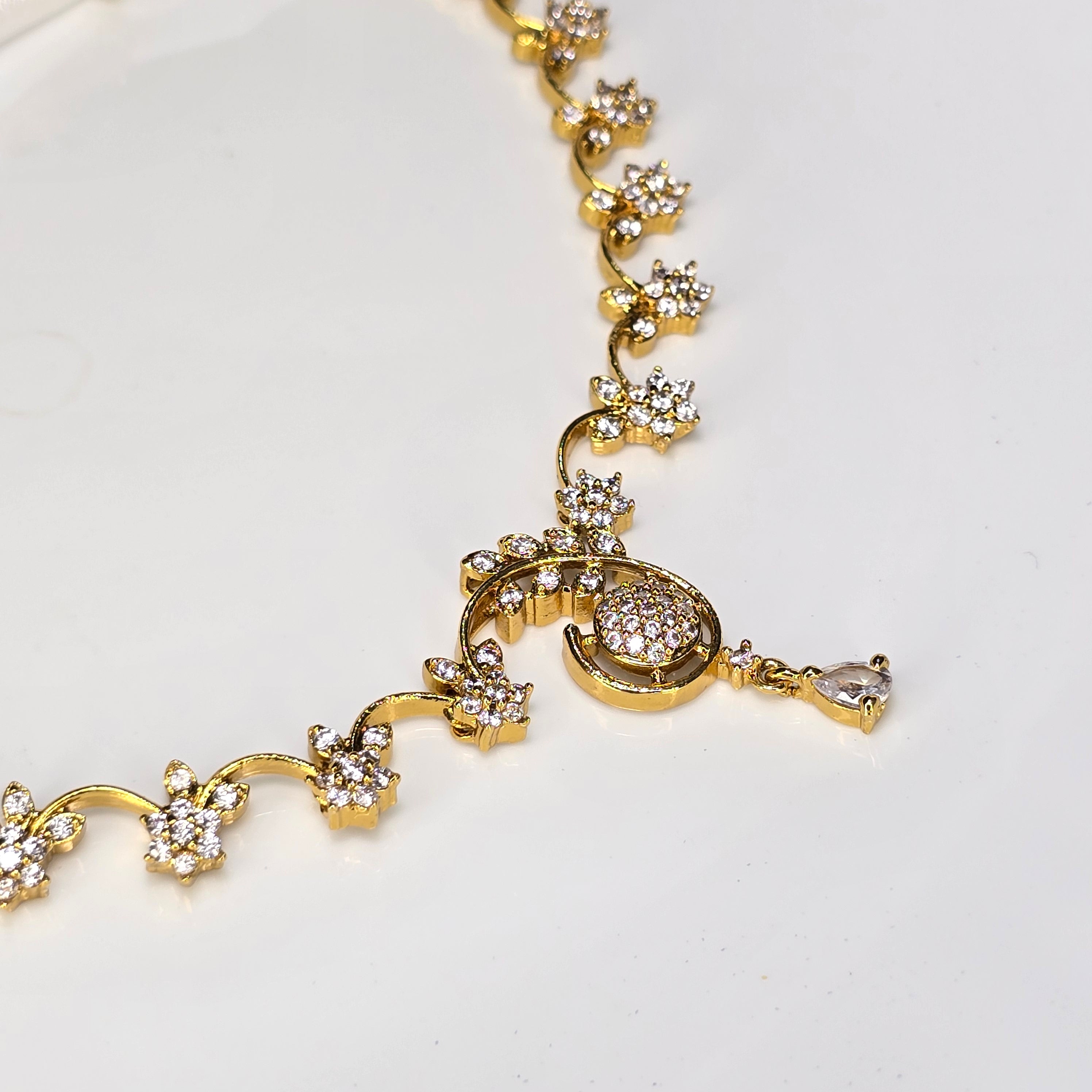 AK00208 - Elegant Floral American Diamond Necklace Set with Drop Earrings
