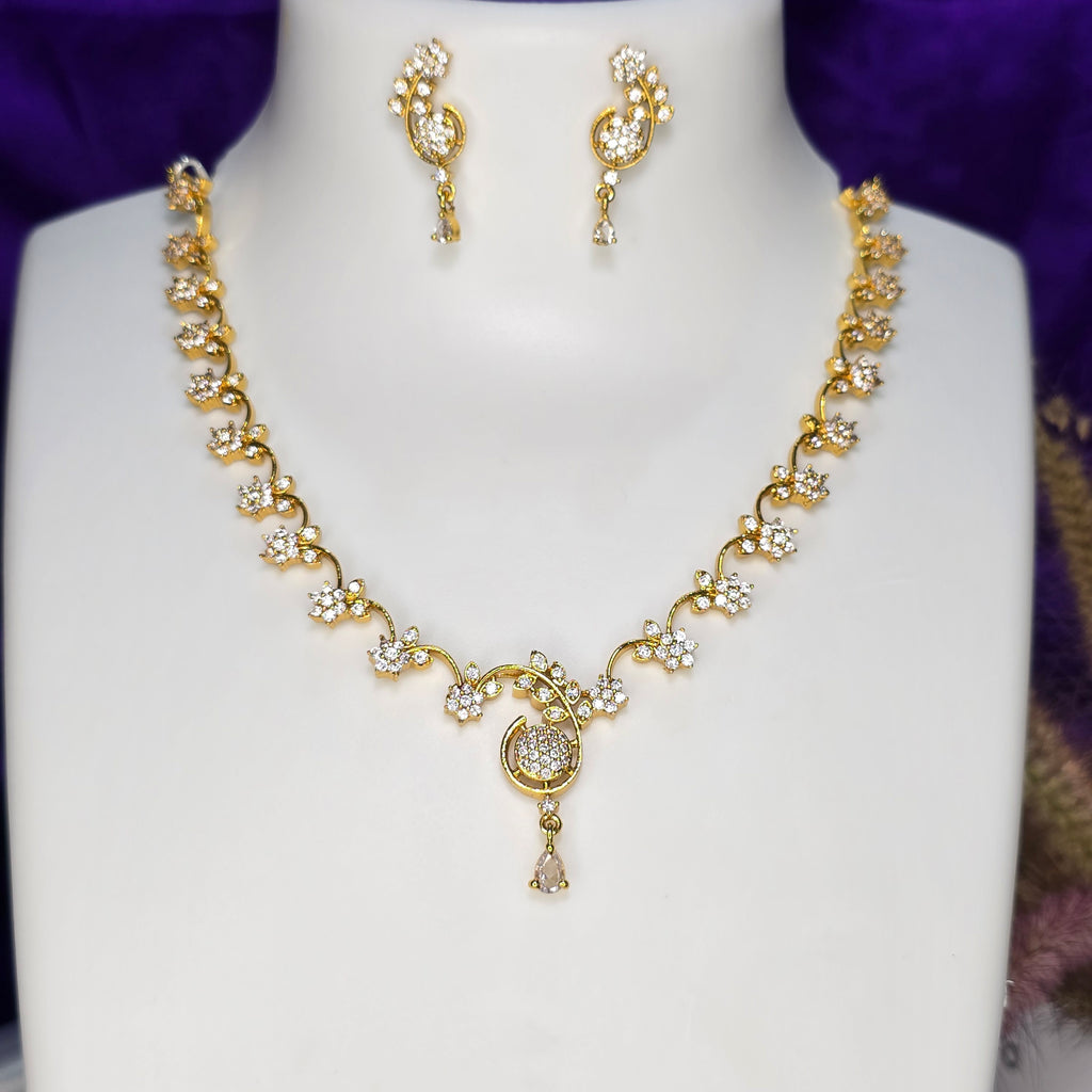 AK00208 - Elegant Floral American Diamond Necklace Set with Drop Earrings