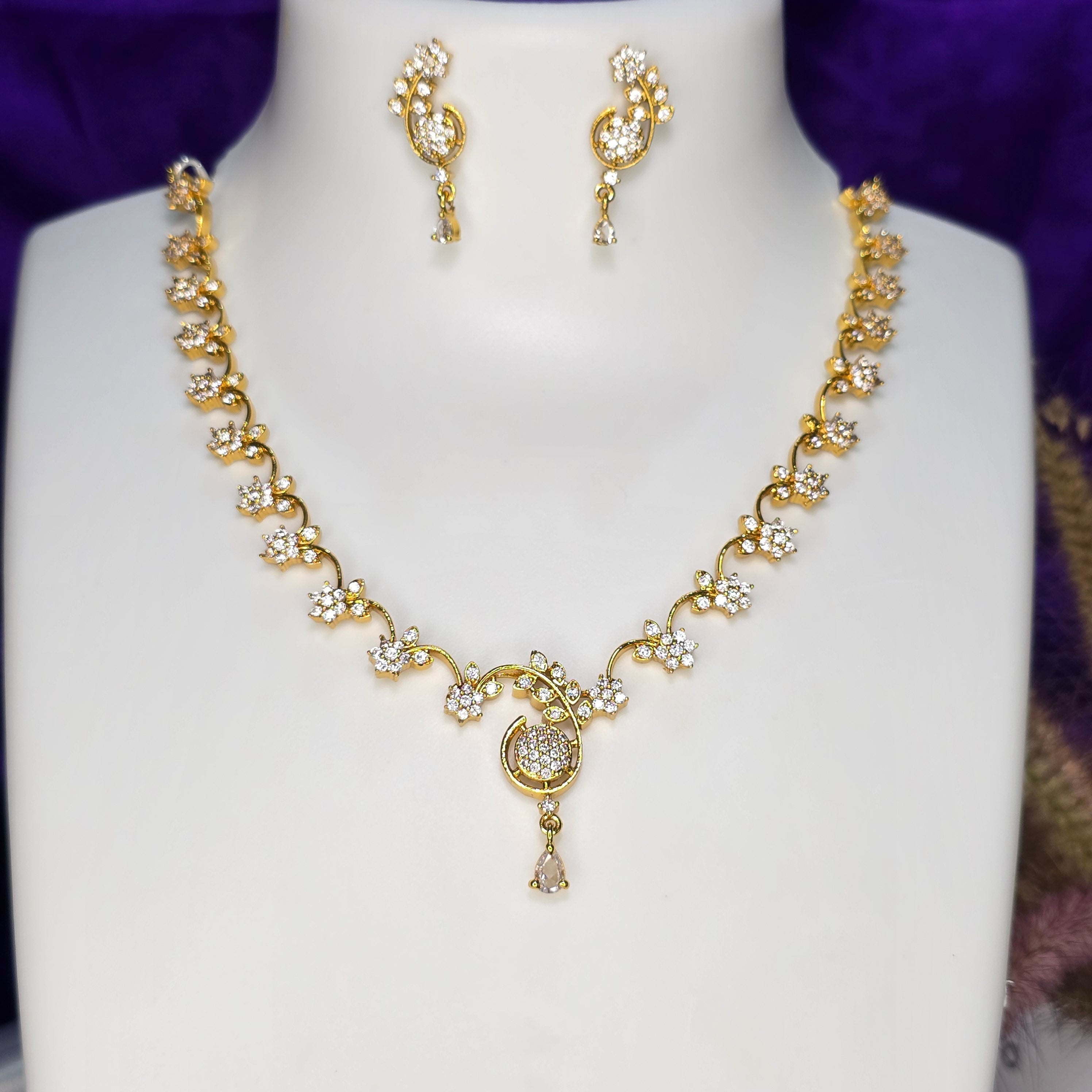 AK00208 - Elegant Floral American Diamond Necklace Set with Drop Earrings