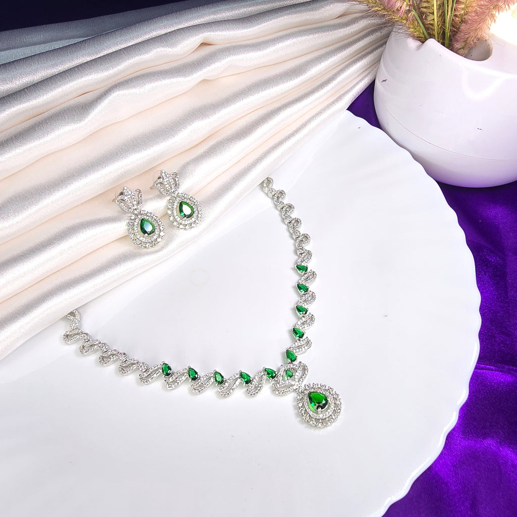 AK00216 - Emerald Green Teardrop American Diamond Necklace Set