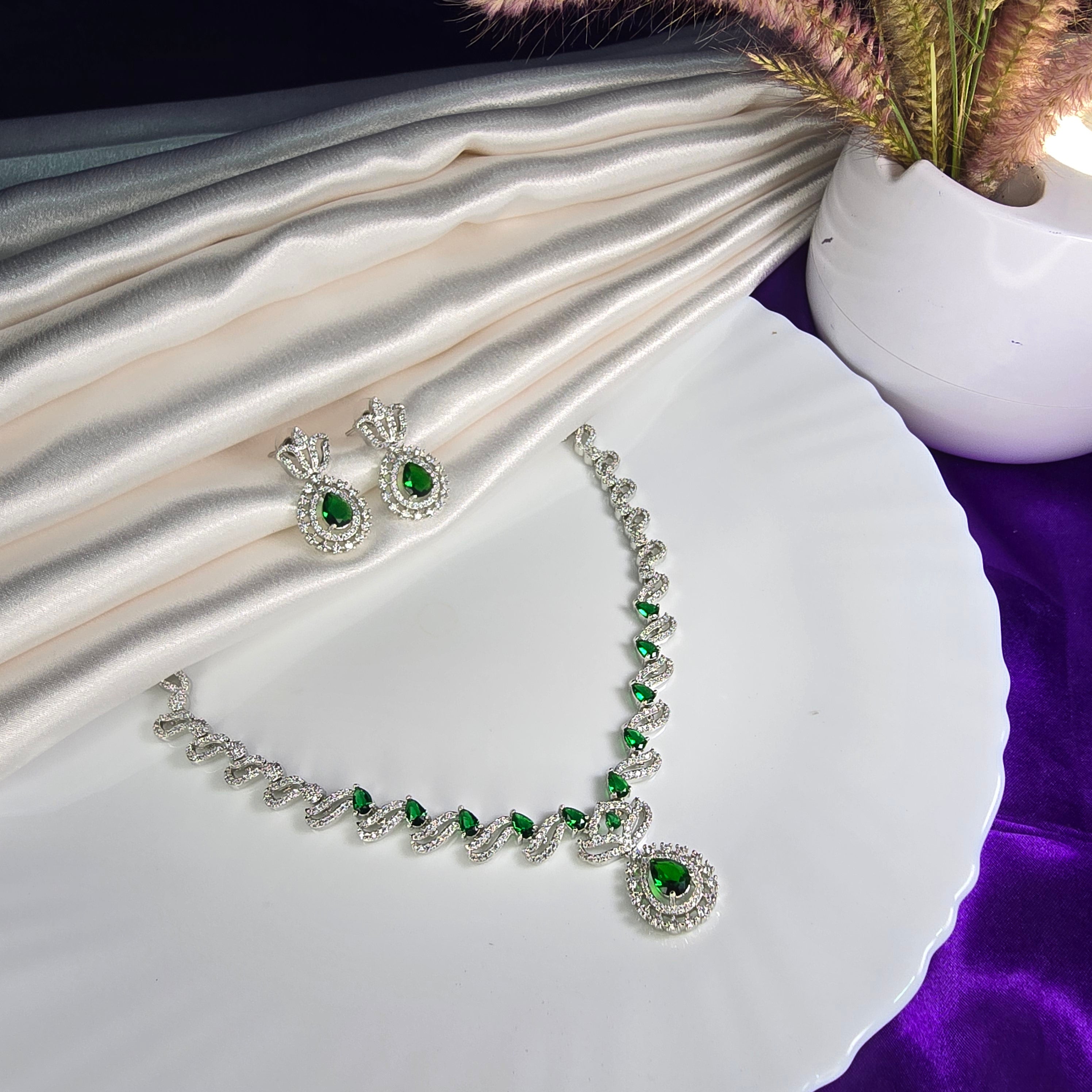 AK00216 - Emerald Green Teardrop American Diamond Necklace Set