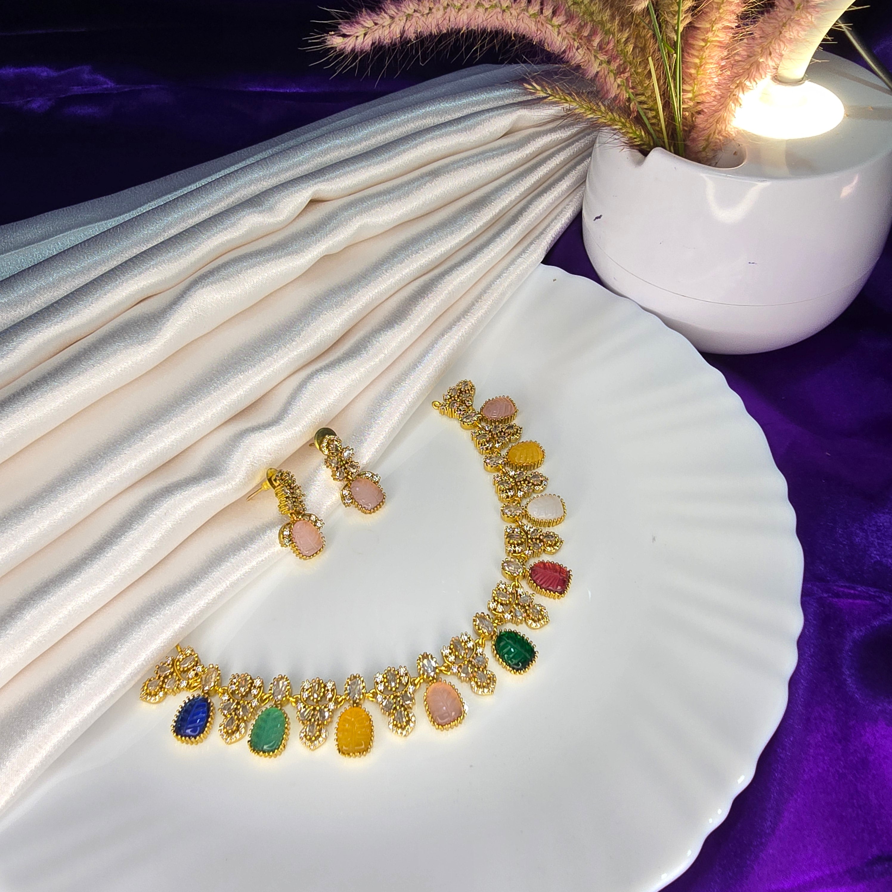 AK00217 - Navaratna-Inspired Multicolored Gemstone Necklace Set