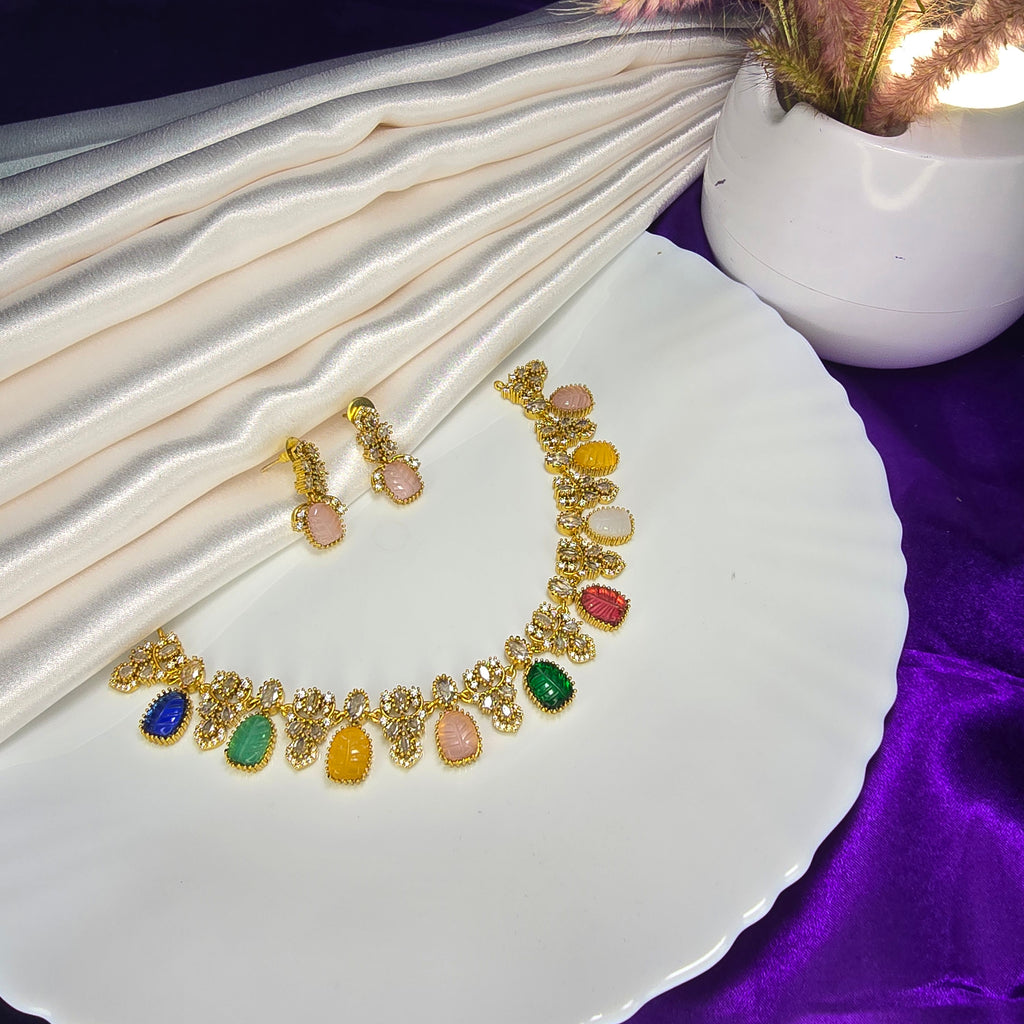 AK00217 - Navaratna-Inspired Multicolored Gemstone Necklace Set