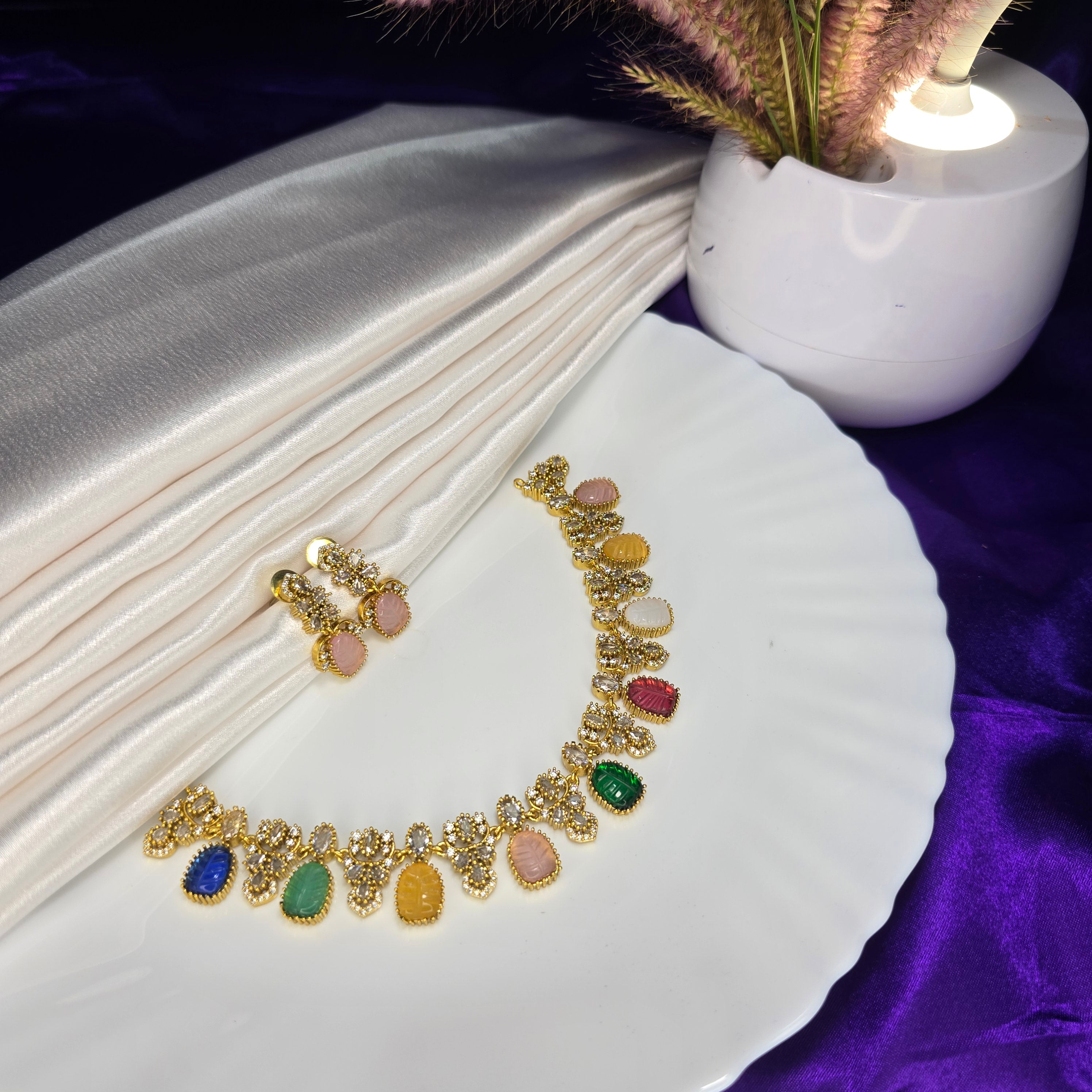 AK00217 - Navaratna-Inspired Multicolored Gemstone Necklace Set