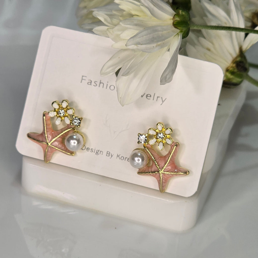 AK00036 - Pink Starfish & Daisy Pearl Stud Earrings