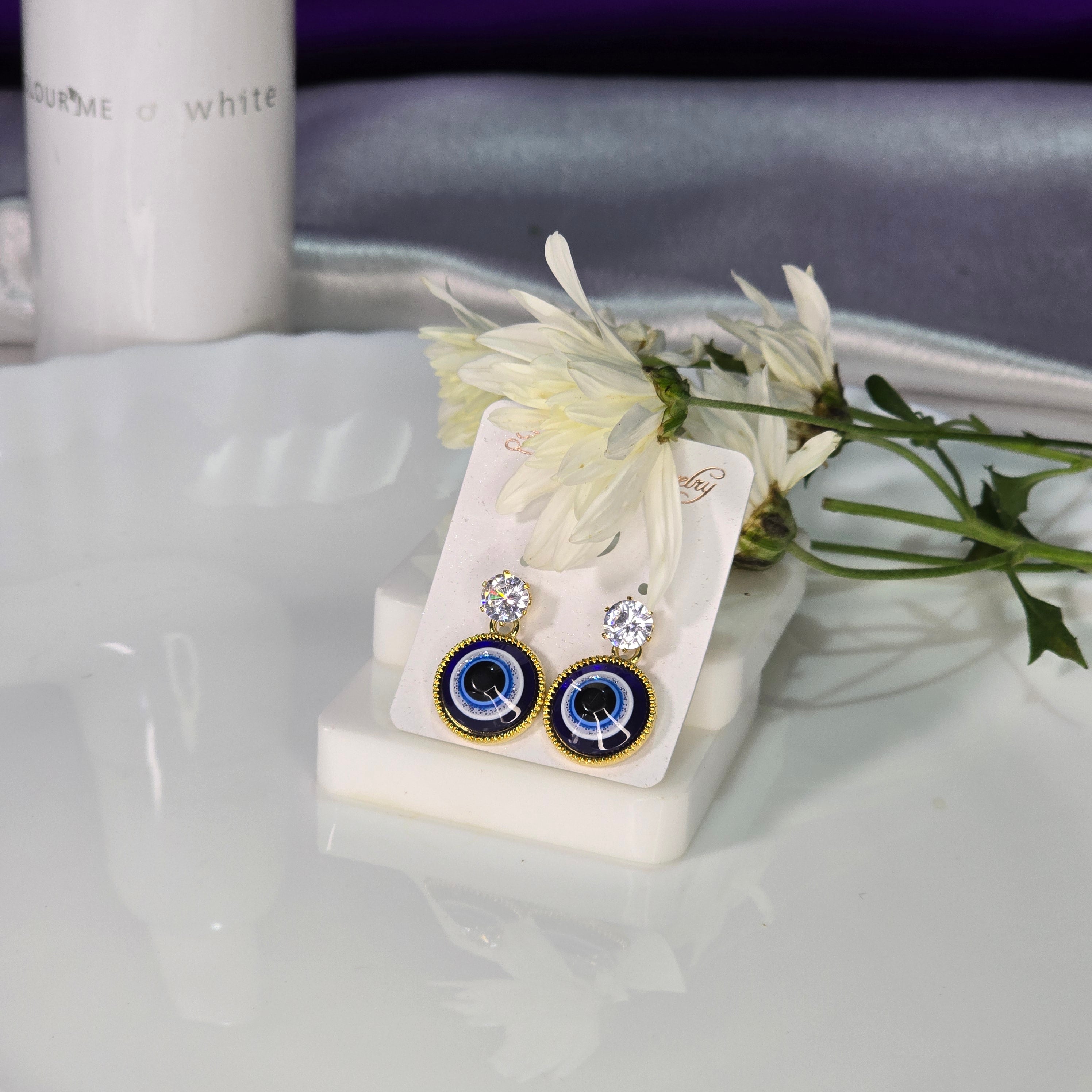 AK00046 - Elegant Evil Eye Crystal Stud Earrings - Golden Finish