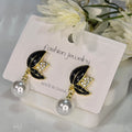 AK00060 - Midnight Bloom Pearl Drop Earrings – Black Enamel & Crystal