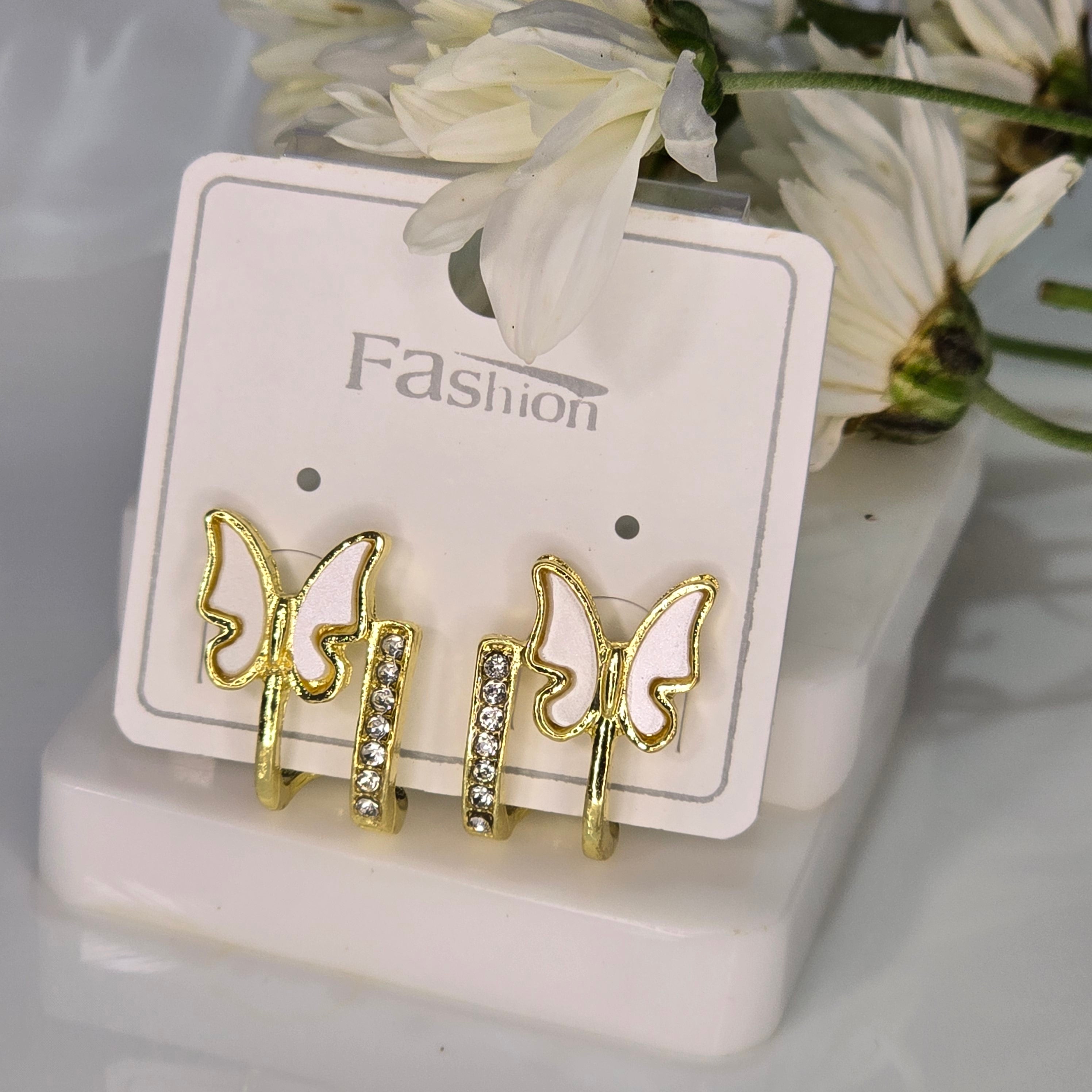 AK00078 - Golden Butterfly Crystal Double Hoop Earrings