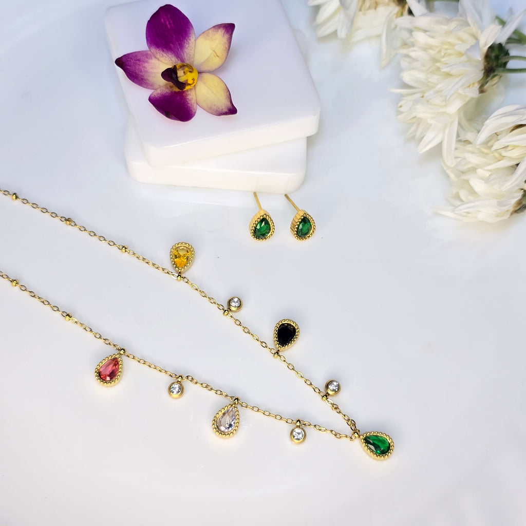 AK00084 - Prism Multicolor Gemstone Station Necklace & Earring Set