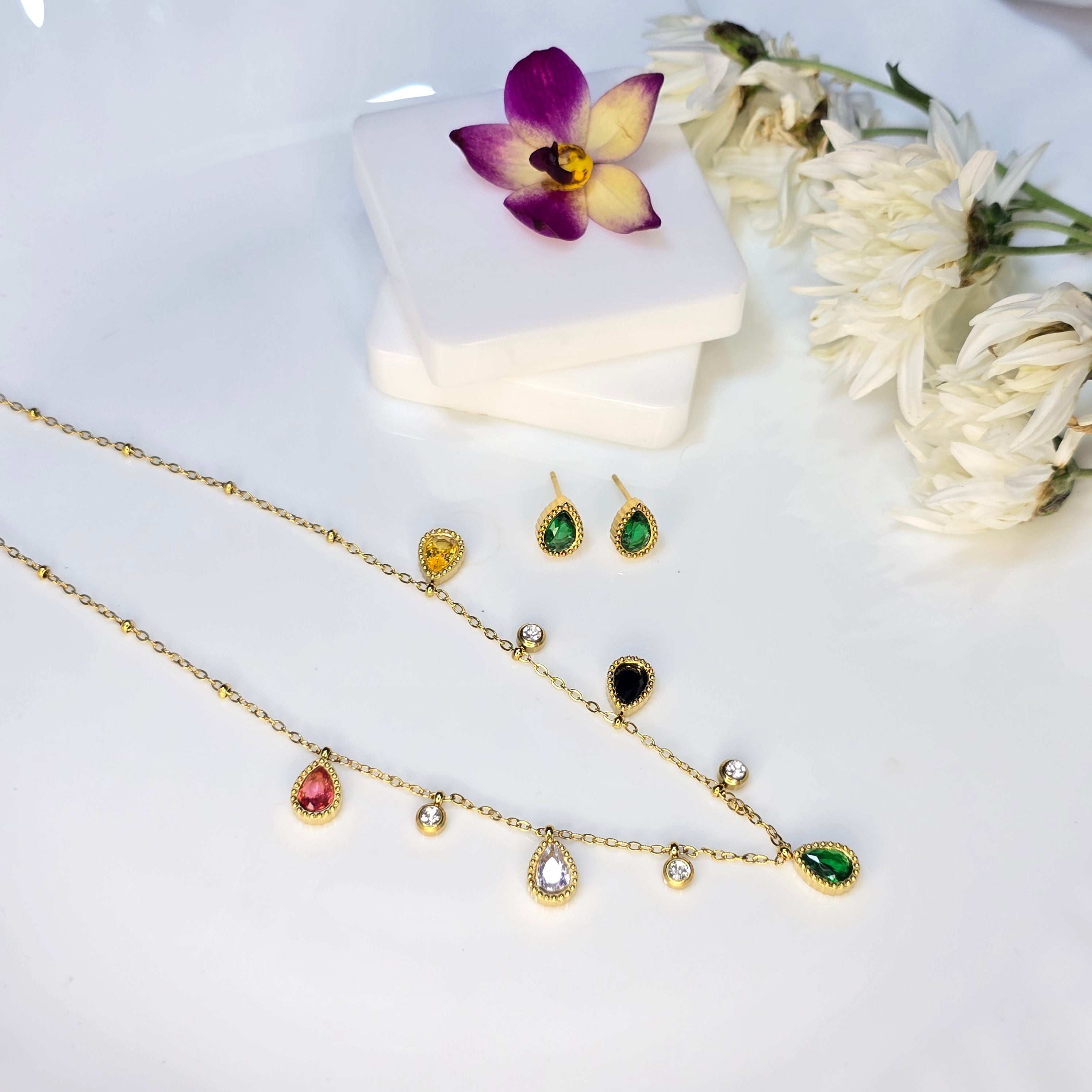 AK00084 - Prism Multicolor Gemstone Station Necklace & Earring Set