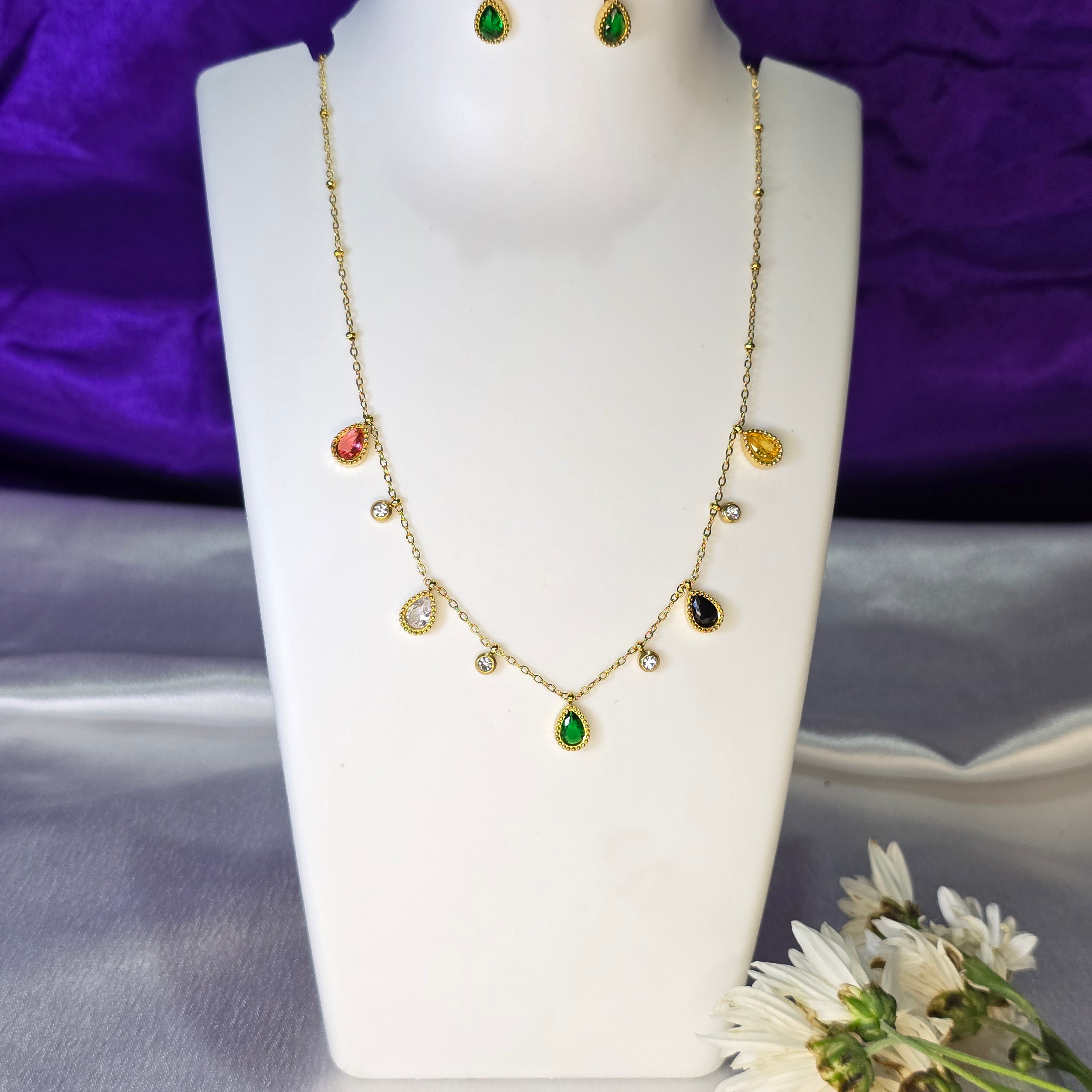 AK00084 - Prism Multicolor Gemstone Station Necklace & Earring Set