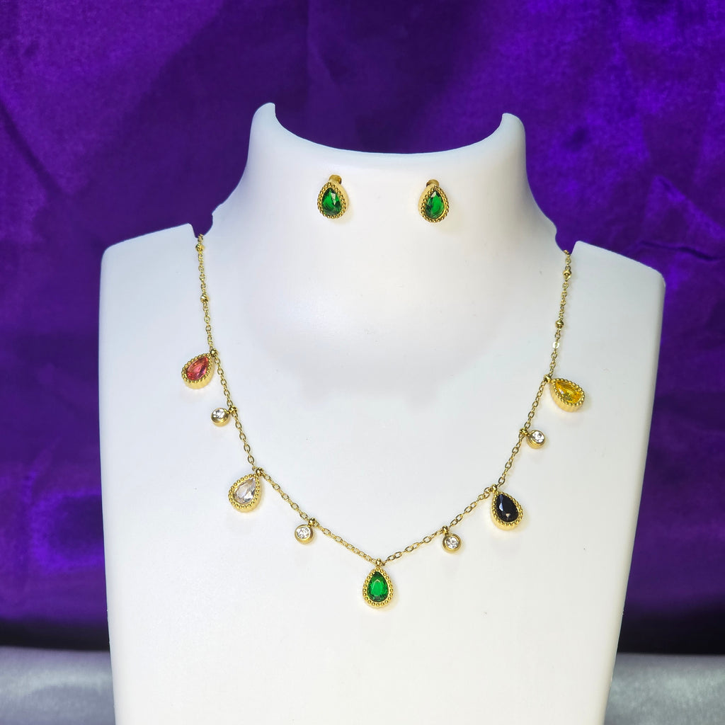 AK00084 - Prism Multicolor Gemstone Station Necklace & Earring Set