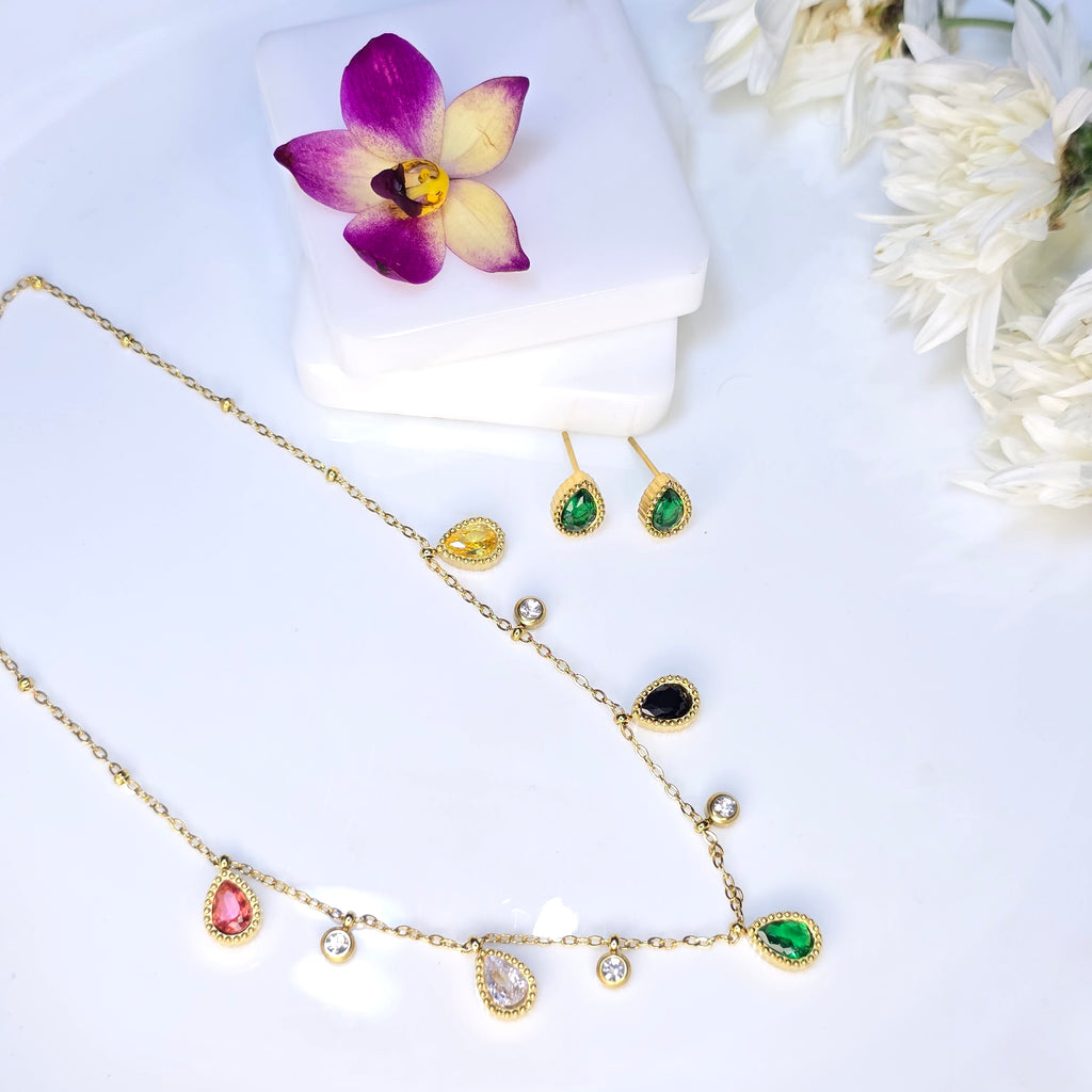 AK00084 - Prism Multicolor Gemstone Station Necklace & Earring Set