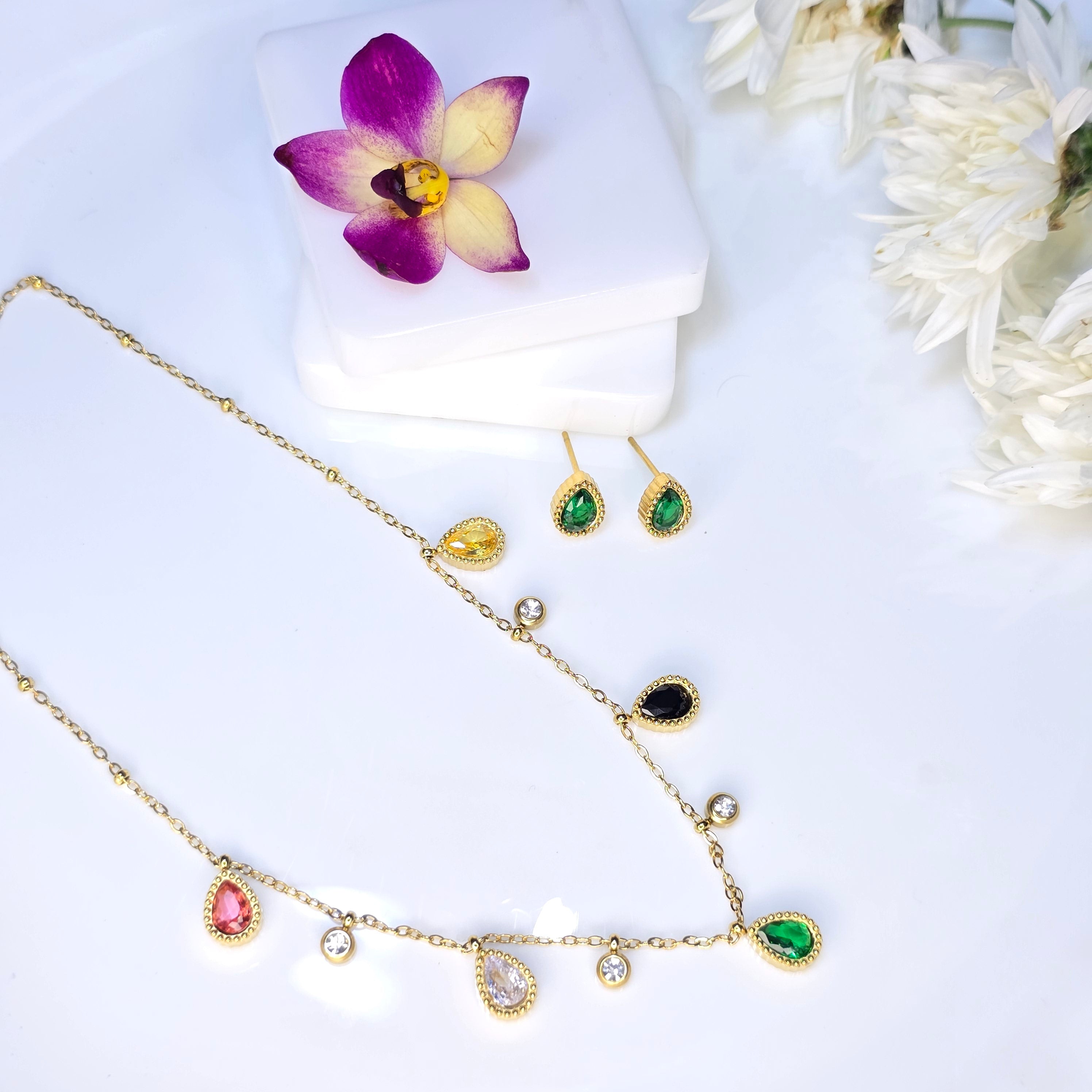 AK00084 - Prism Multicolor Gemstone Station Necklace & Earring Set