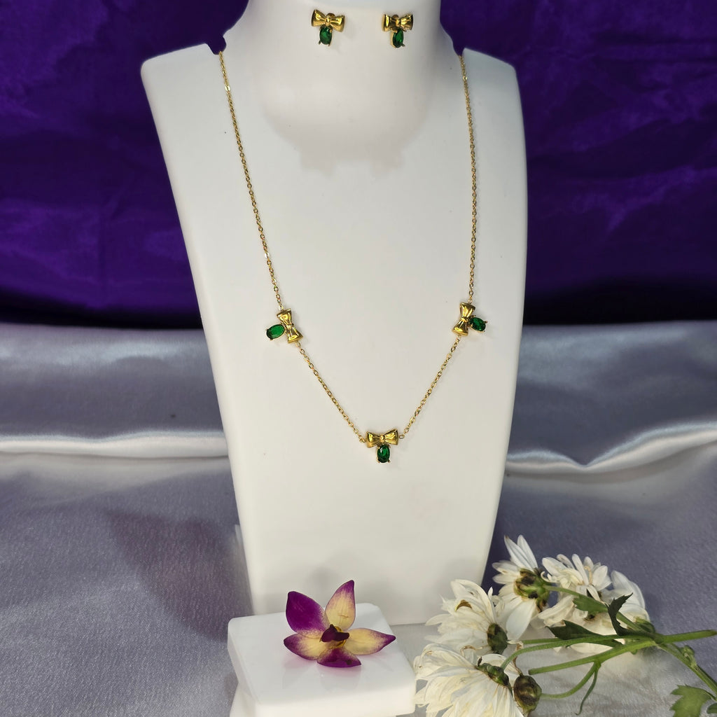 AK00086 - Emerald Ribbon Bow Necklace & Stud Earring Set
