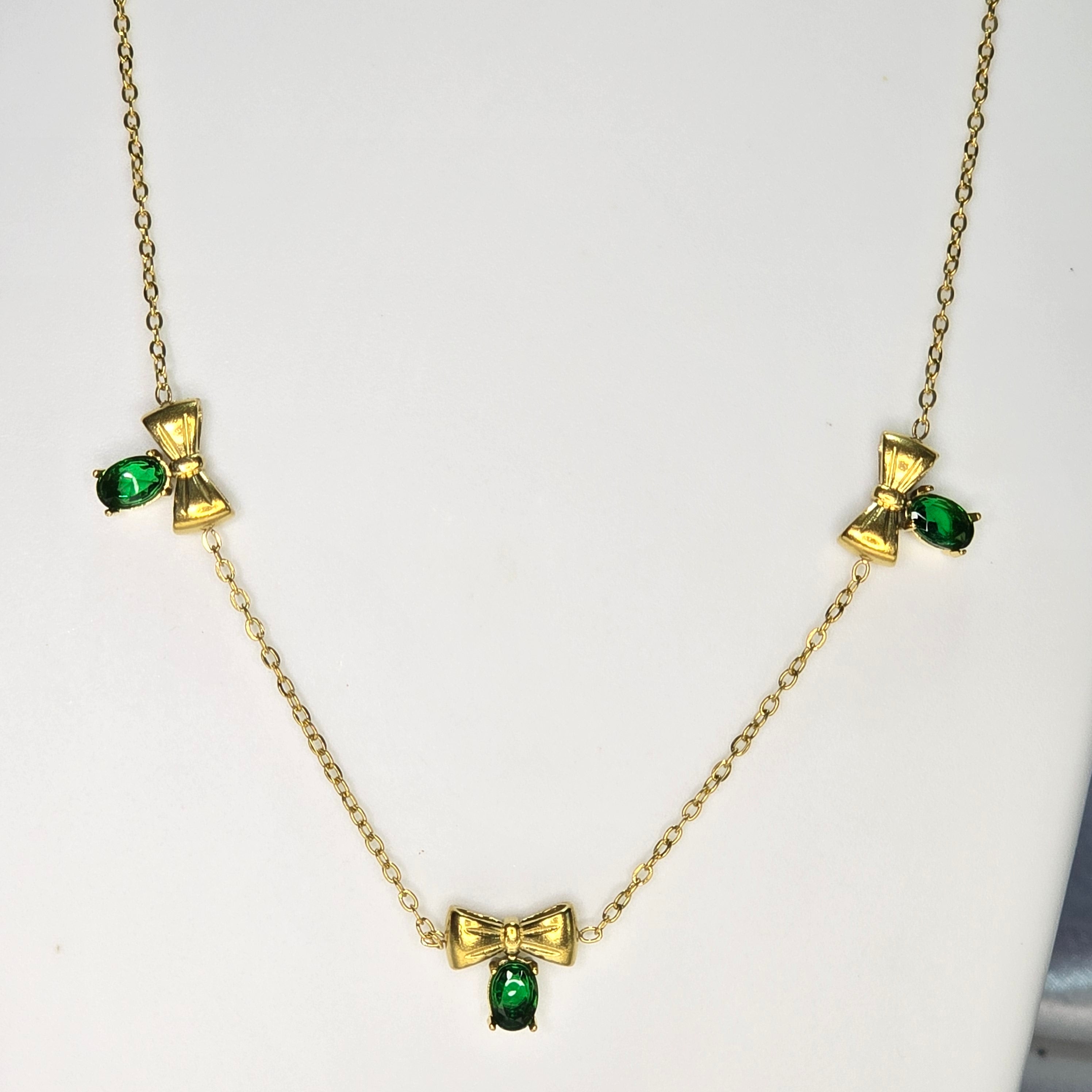 AK00086 - Emerald Ribbon Bow Necklace & Stud Earring Set