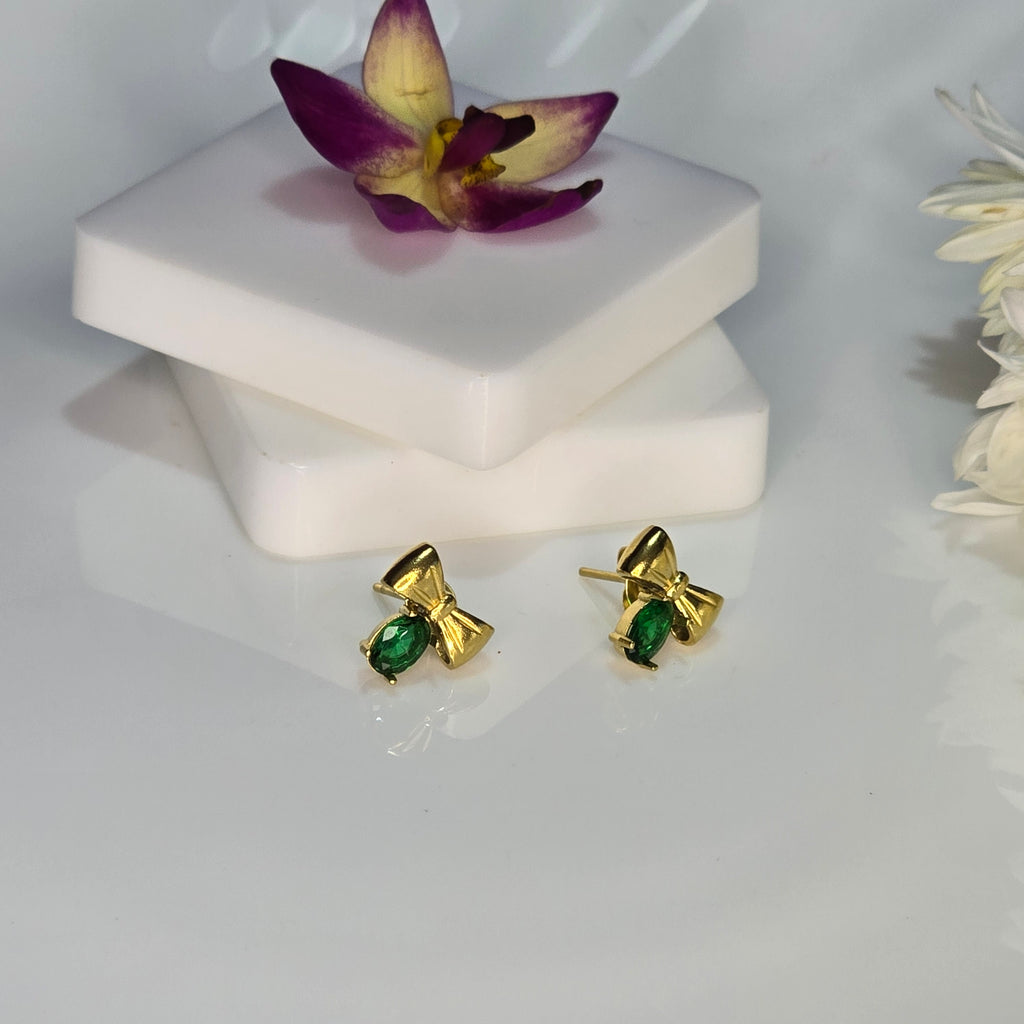 AK00086 - Emerald Ribbon Bow Necklace & Stud Earring Set