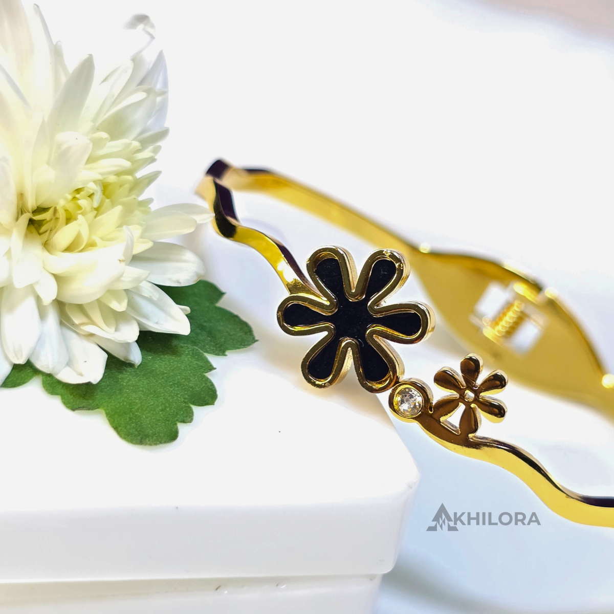 AK00157 - Gold-Plated Dual Floral Bangle with Black Enamel & Crystal