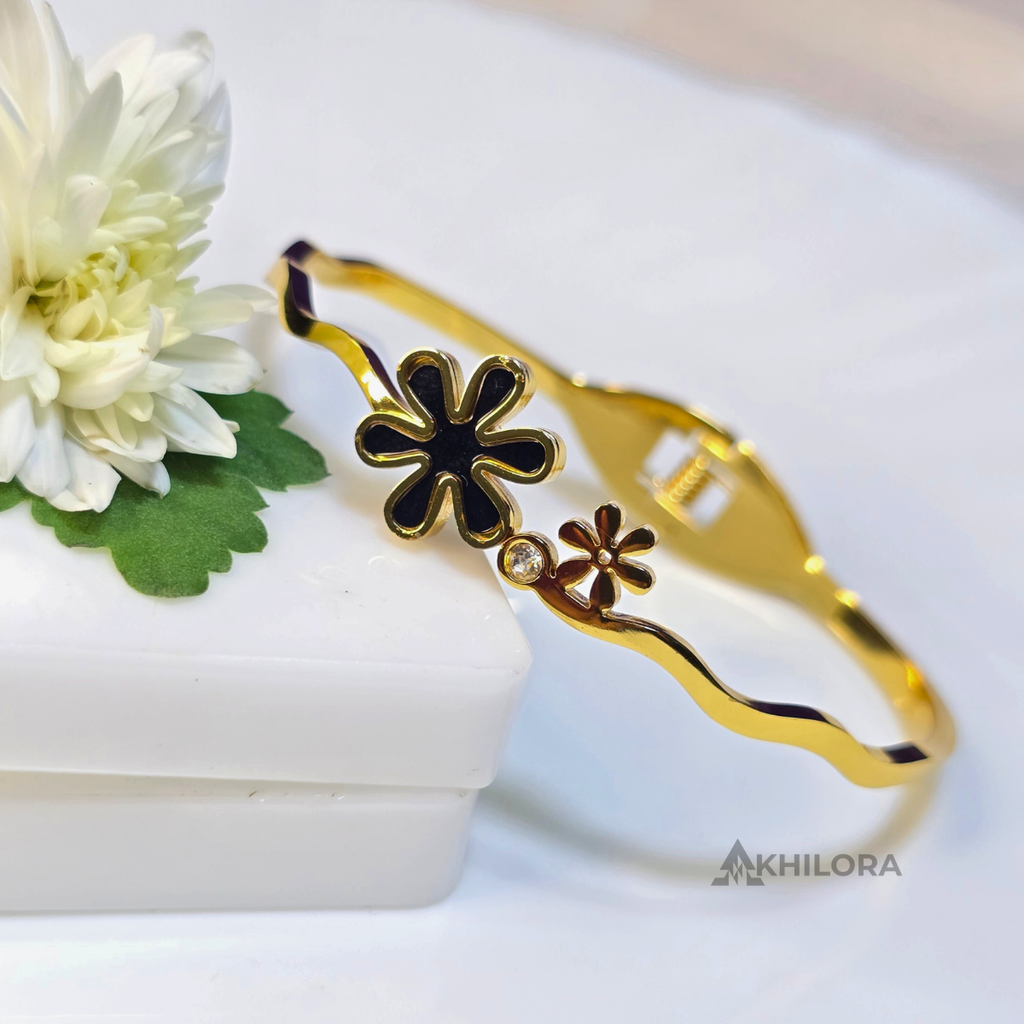 AK00157 - Gold-Plated Dual Floral Bangle with Black Enamel & Crystal