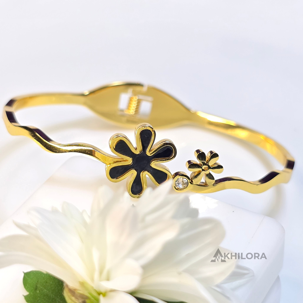AK00157 - Gold-Plated Dual Floral Bangle with Black Enamel & Crystal